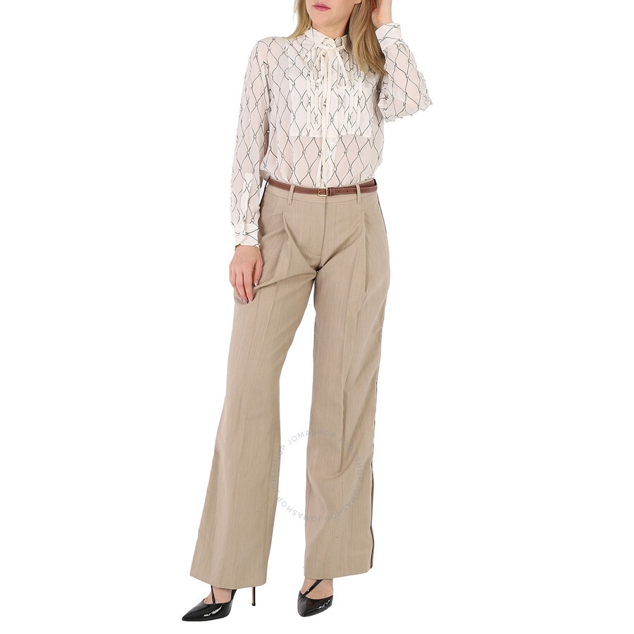 Burberry Camel Melange Wool Leather Stripe Tailored Trousers - 6