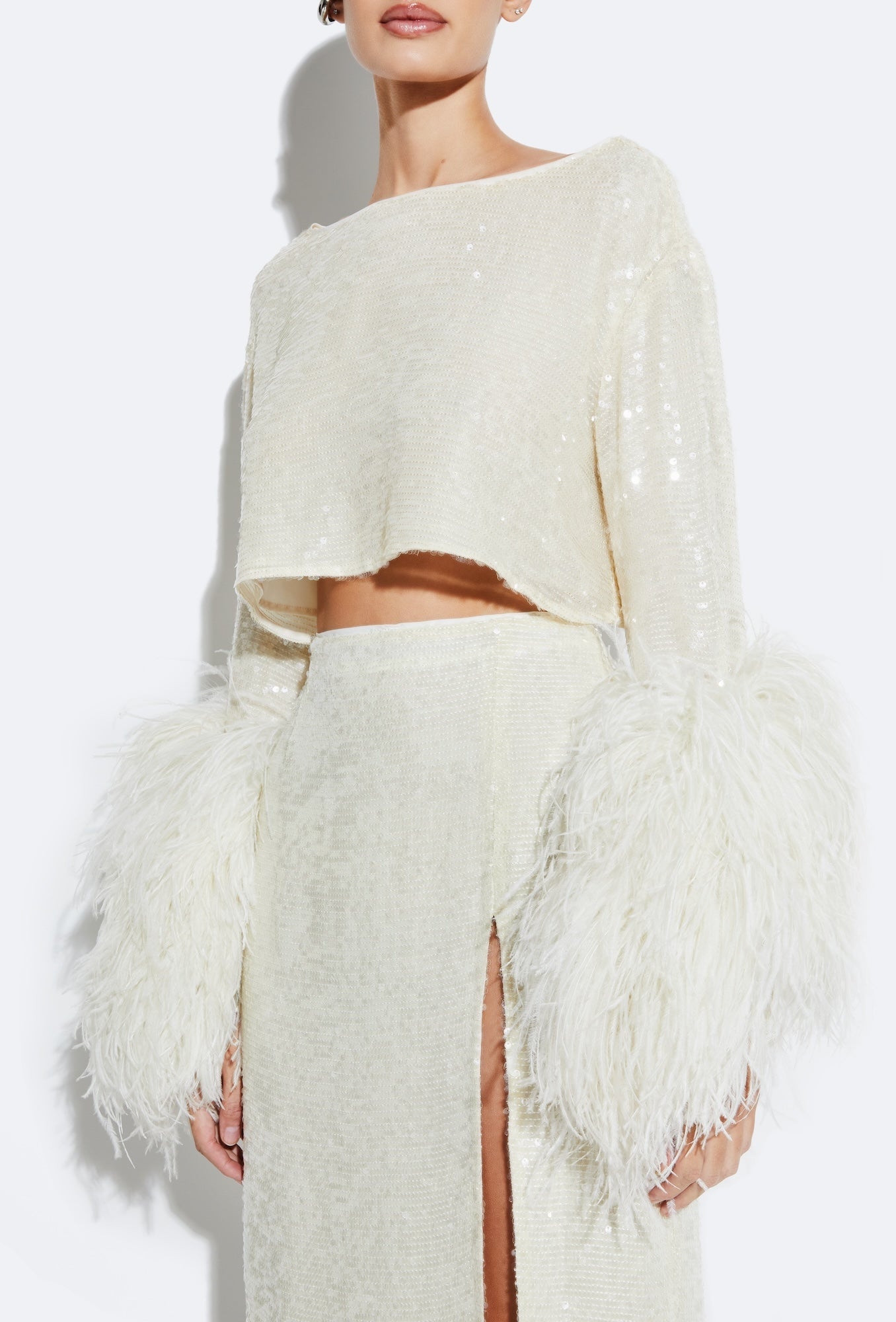 Sequin Cropped Top With Feathers - 4
