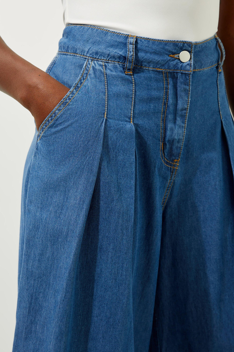 Tailored Chambray Denim Wide Leg Pleated Trousers 5