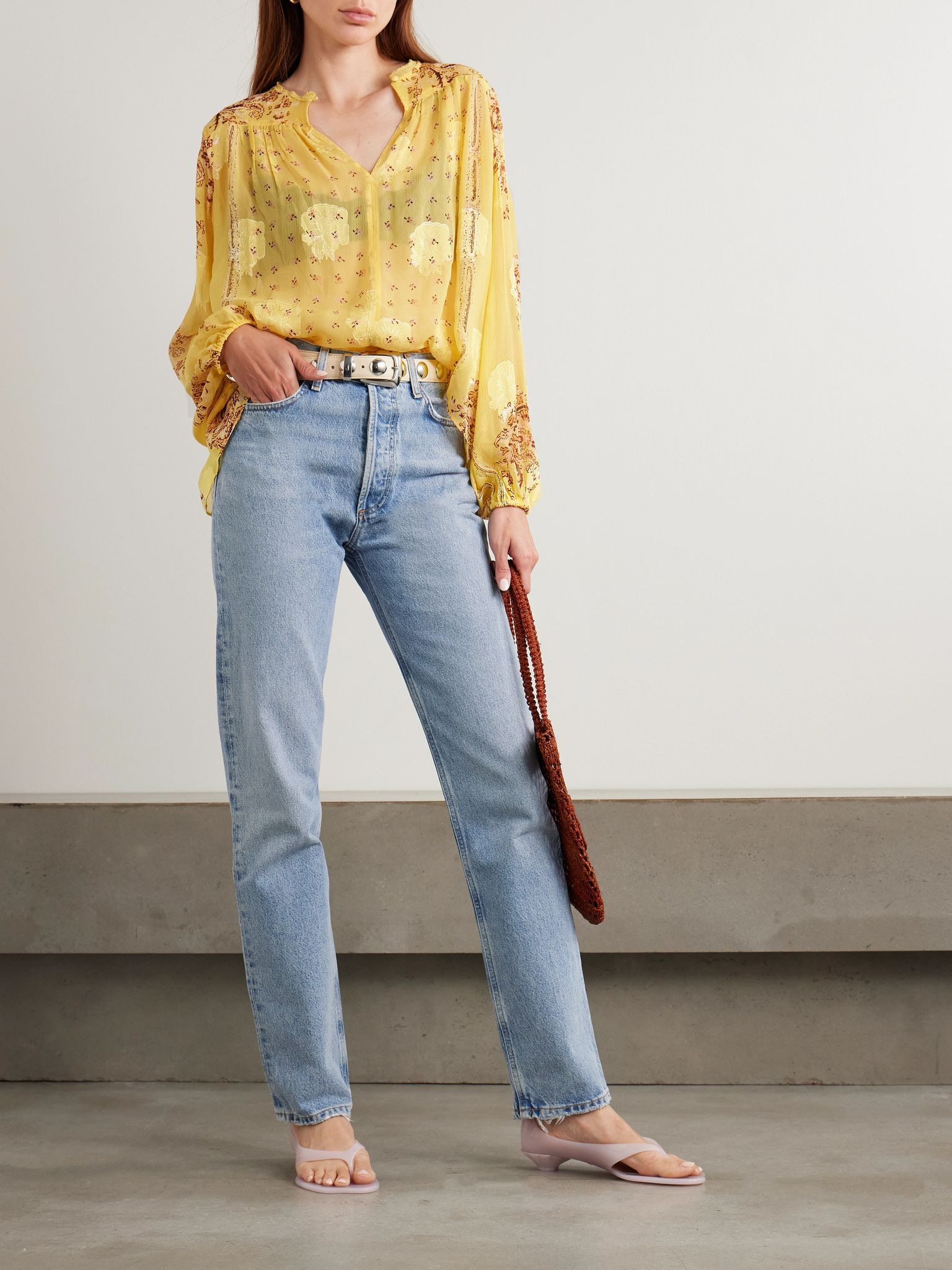 Aster picot-trimmed printed silk-blend crepon blouse Yellow - 2