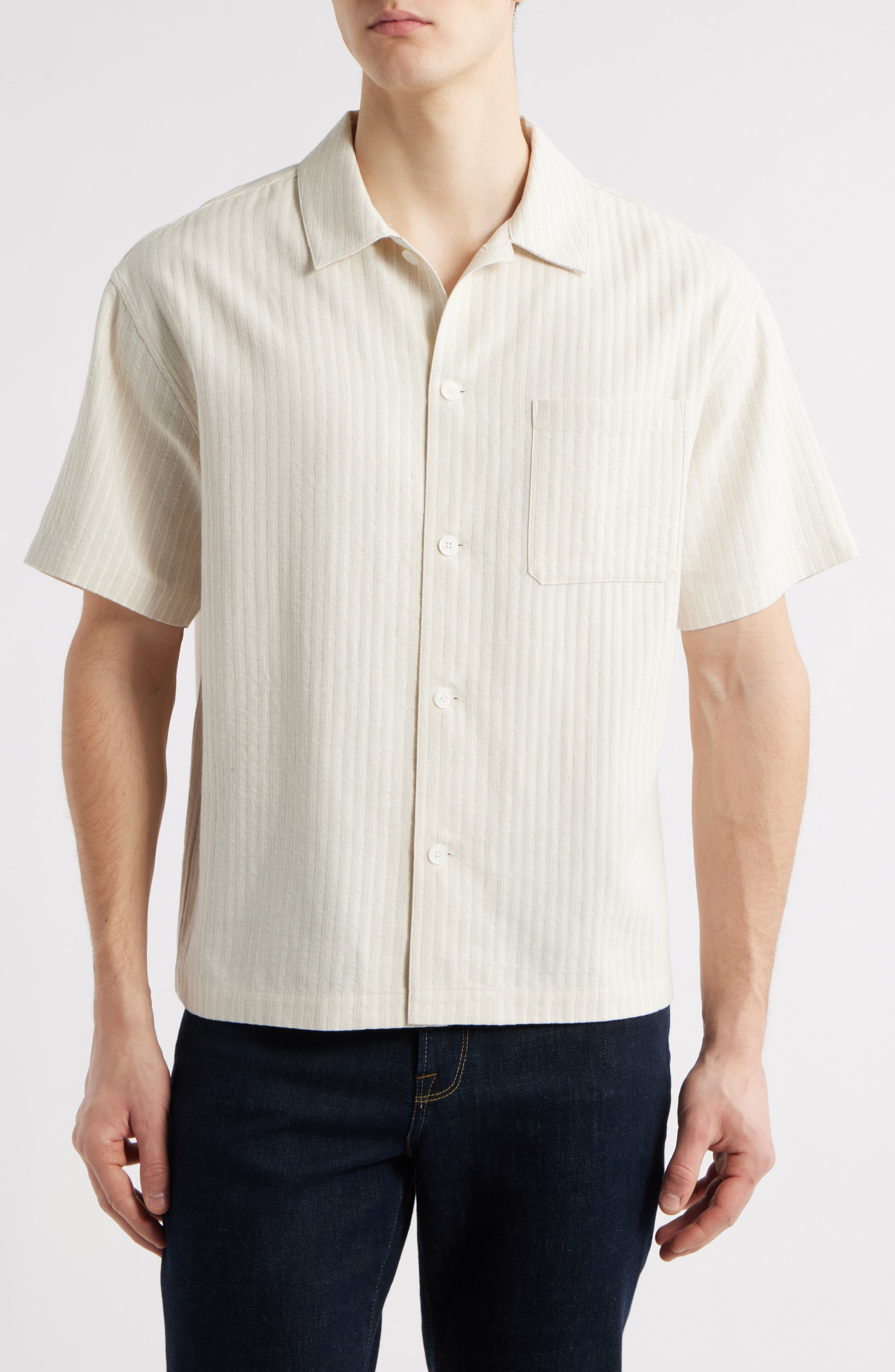 FRAME Jacquard Stripe Cotton Blend Camp Shirt in White Sand at Nordstrom - 1