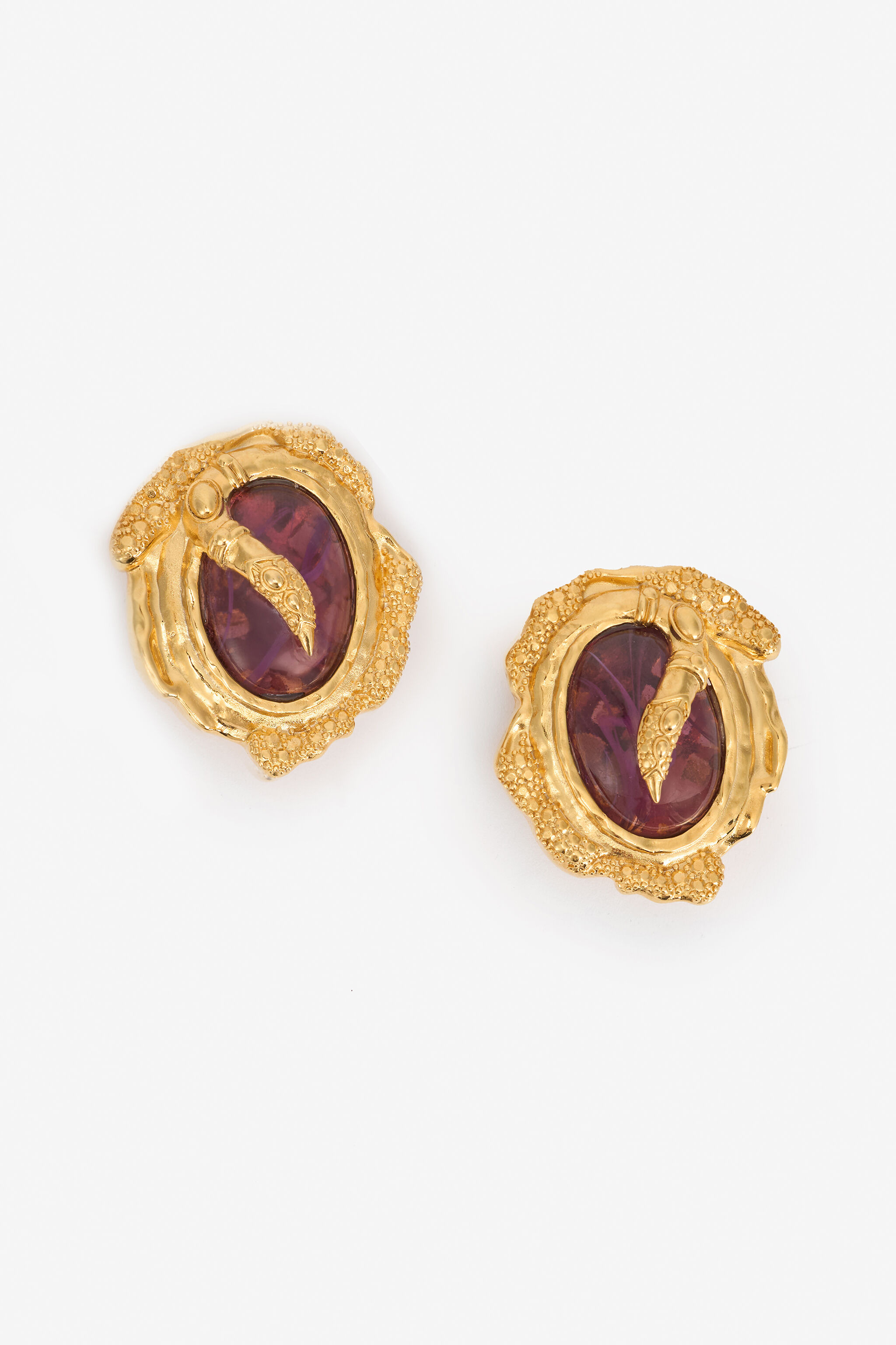 Golden Clip-On Earrings With Amethyst Stone - 1