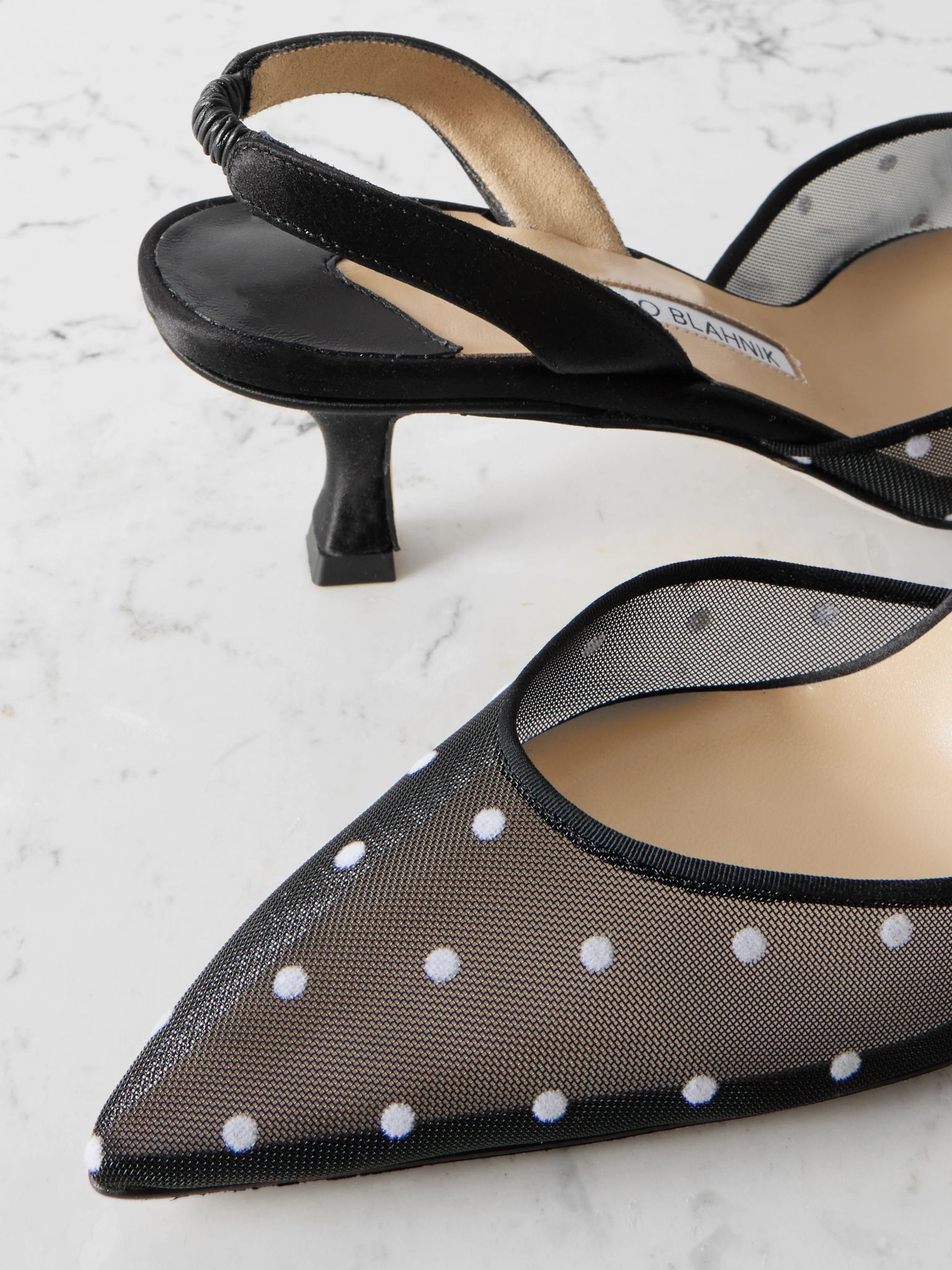 Carolyne 50 polka-dot flocked mesh and satin slingback pumps Black - 4