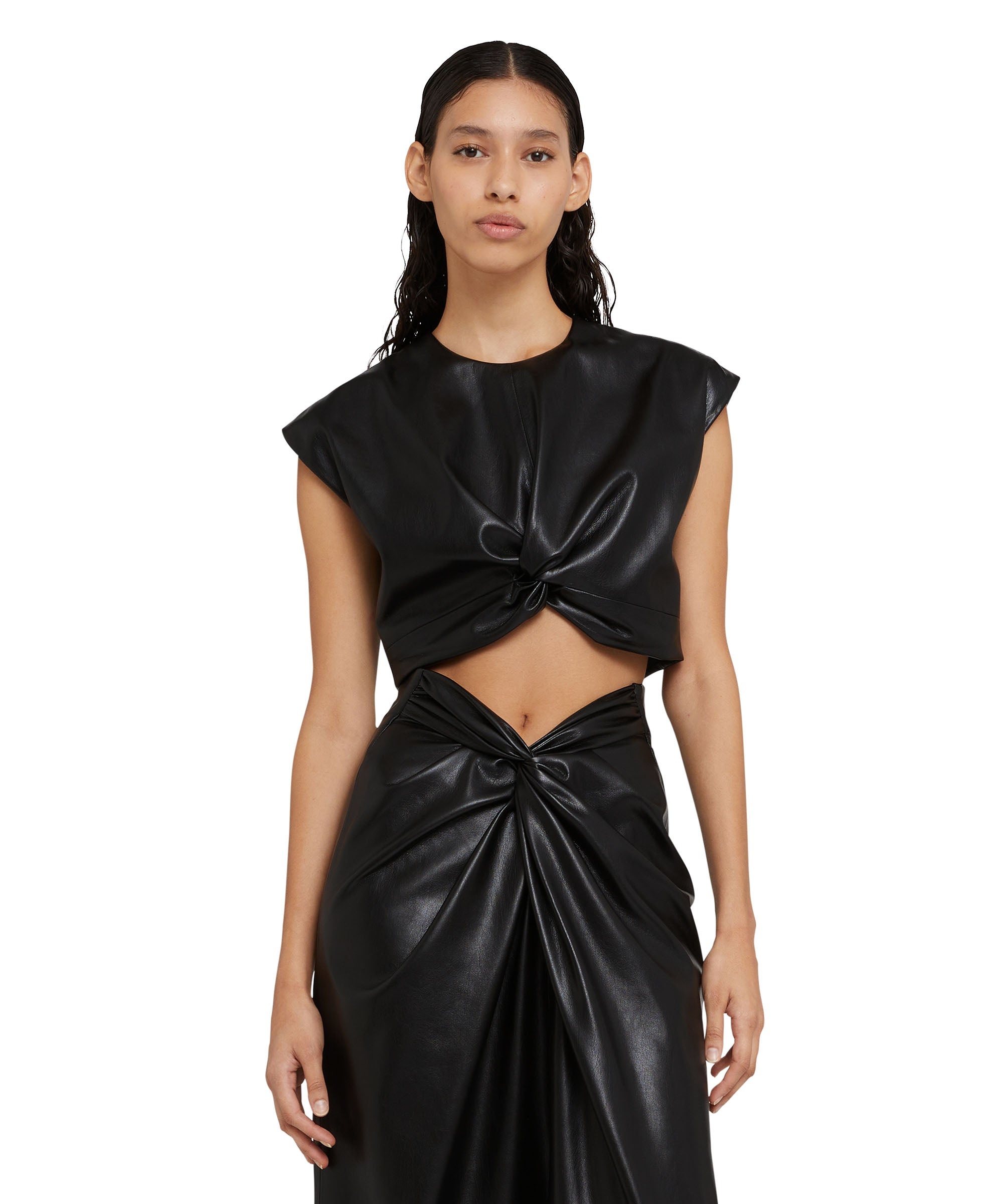 Faux leather crop top with crossover detail - 2