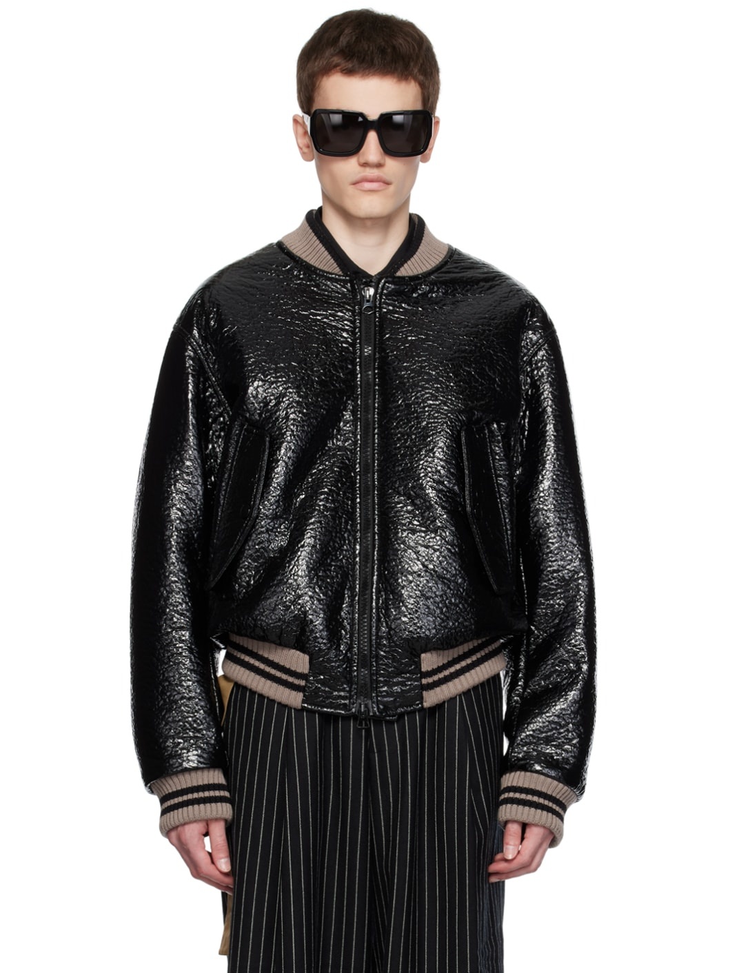 Black Crinkled Faux-Leather Bomber Jacket - 1