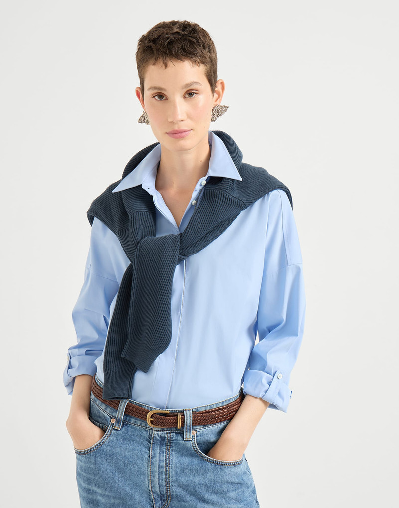 Stretch cotton poplin shirt with shiny trim 4