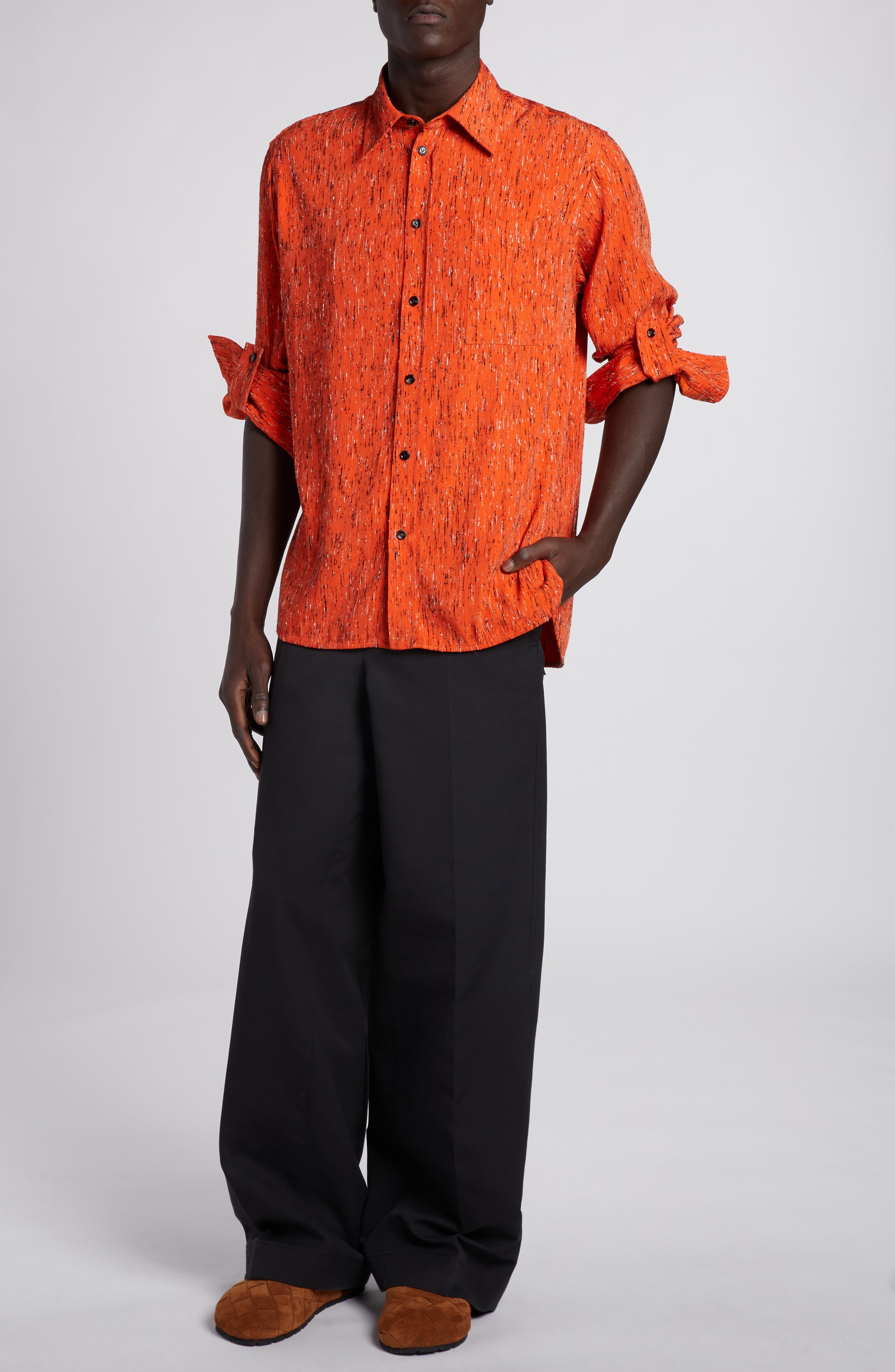 Bottega Veneta Texture Stripe Button-Up Shirt in Tulip/Black/White at Nordstrom - 2