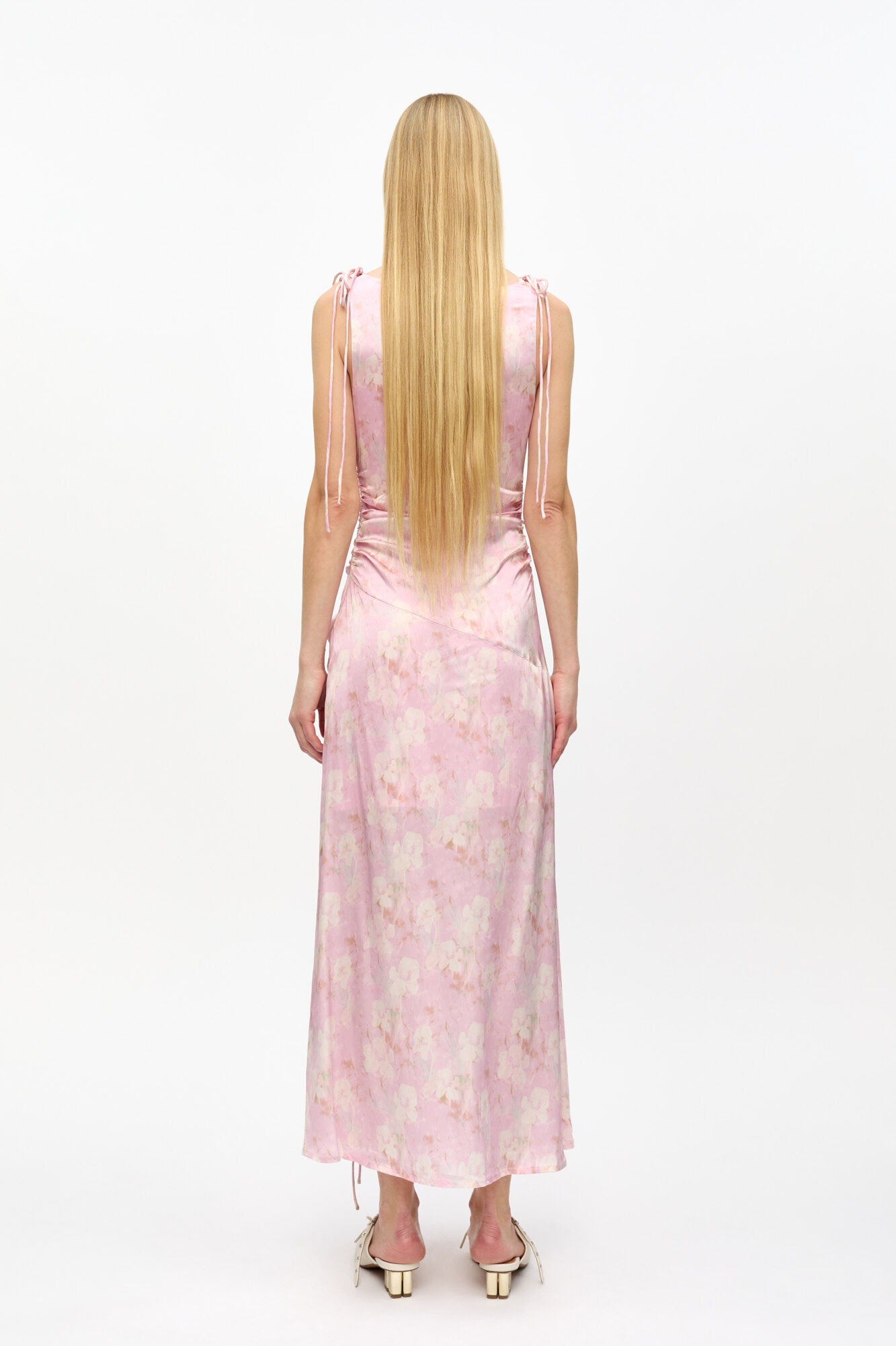 PINK PRINTED SATIN GATHERED DRESS - 3