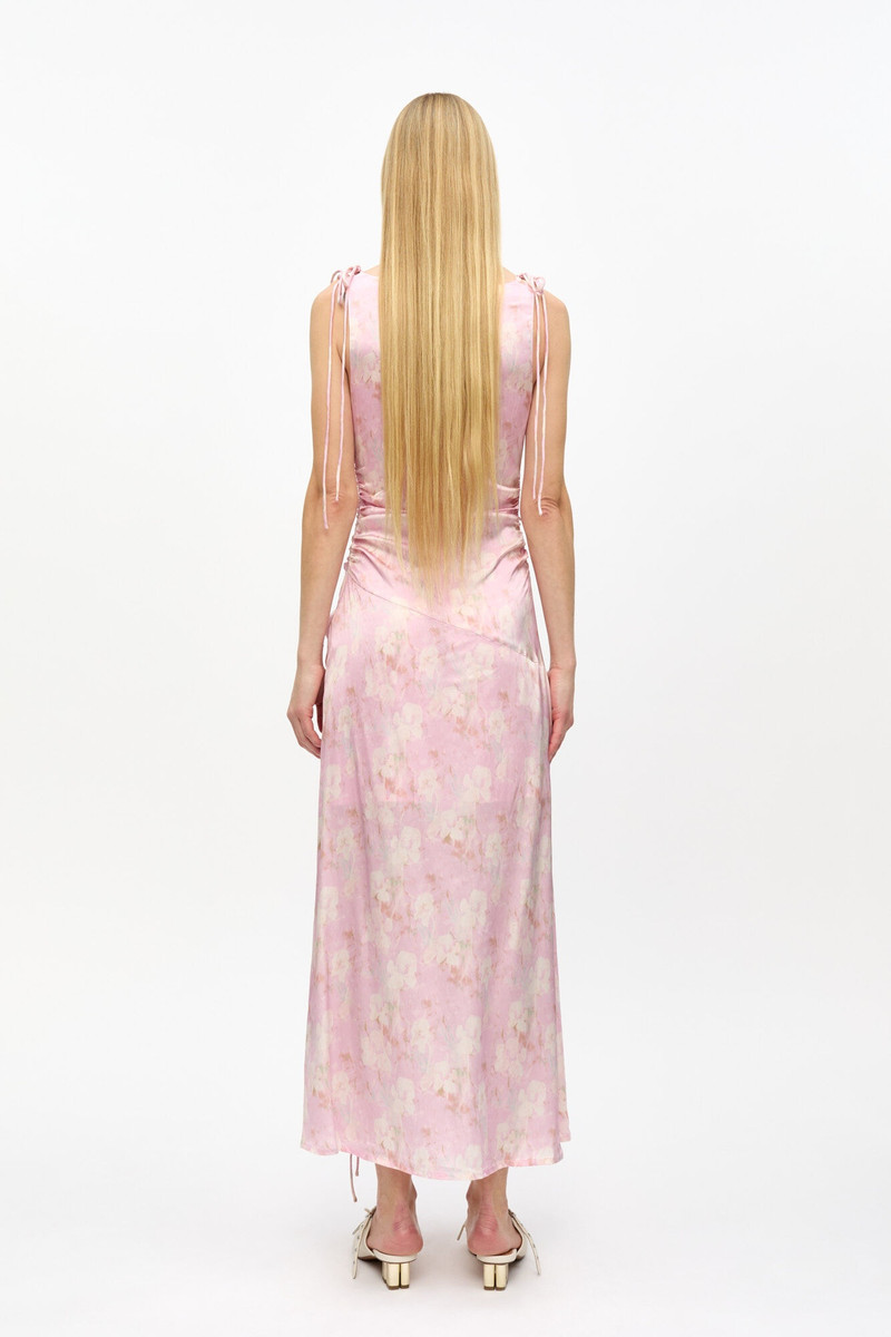 PINK PRINTED SATIN GATHERED DRESS 3