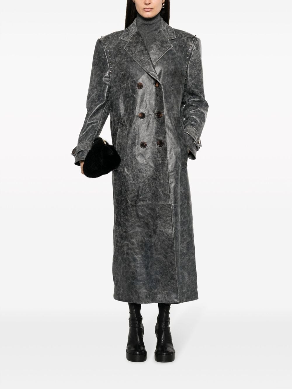 spike-stud leather long coat - 2