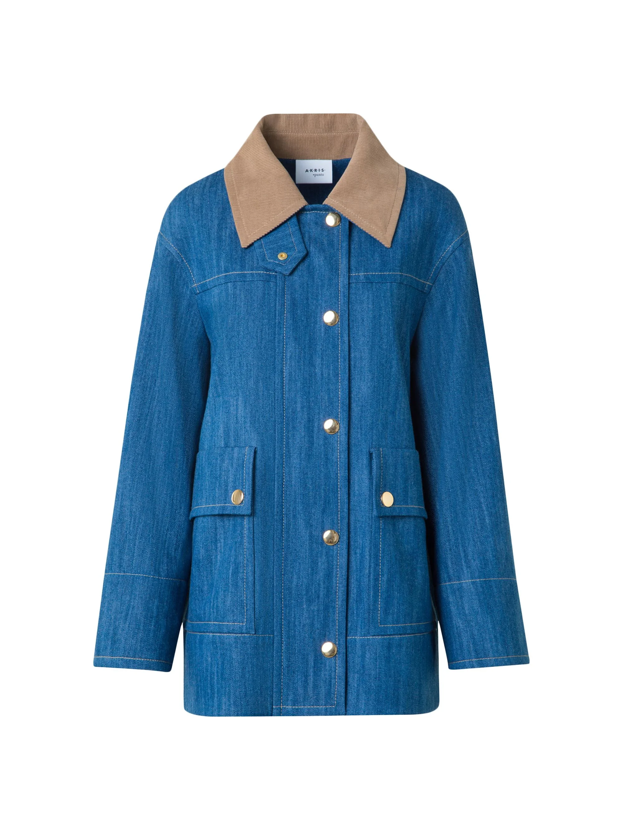 Women's Corduroy-Trimmed Denim Jacket - Medium Blue Denim - 1