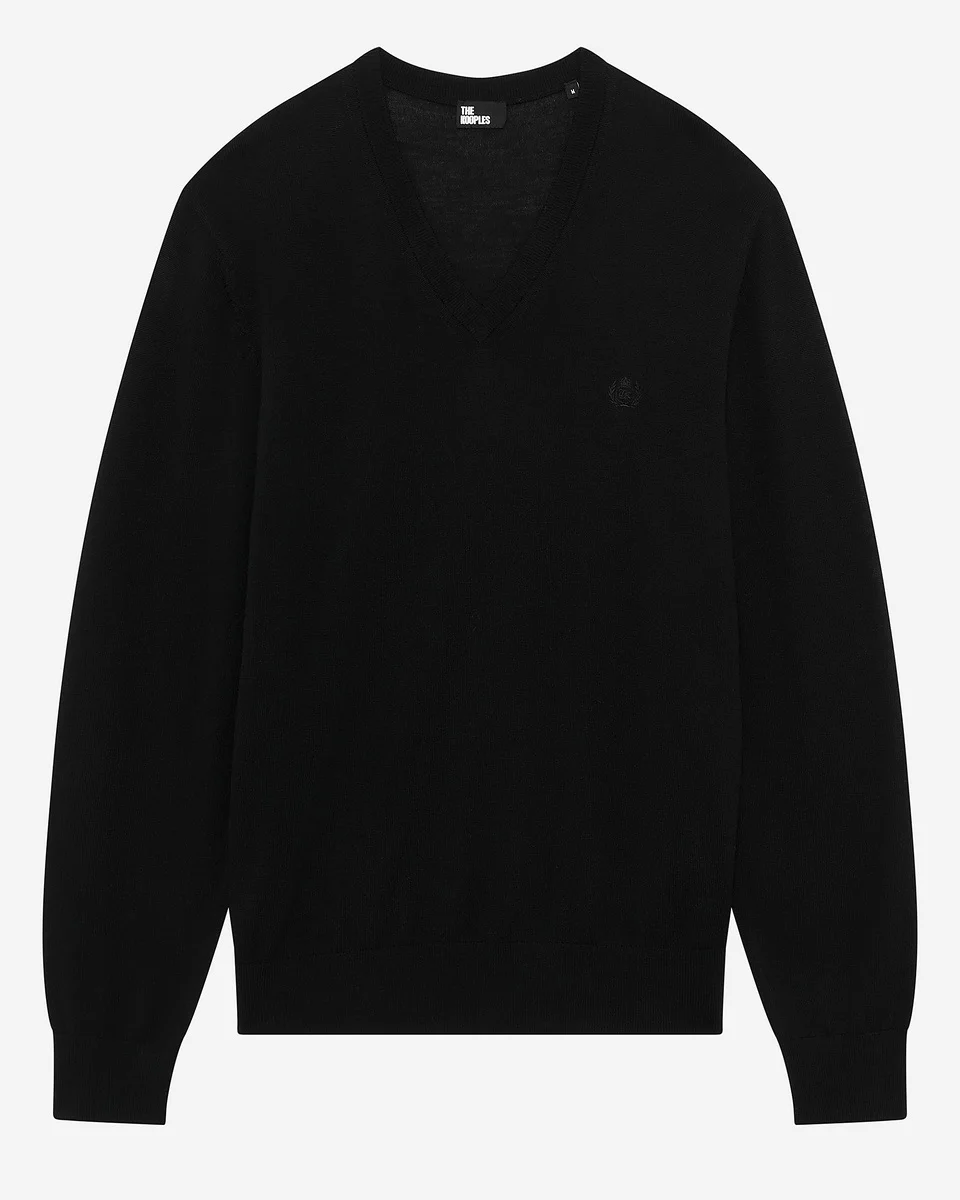 BLACK MERINO WOOL V-NECK SWEATER - 1