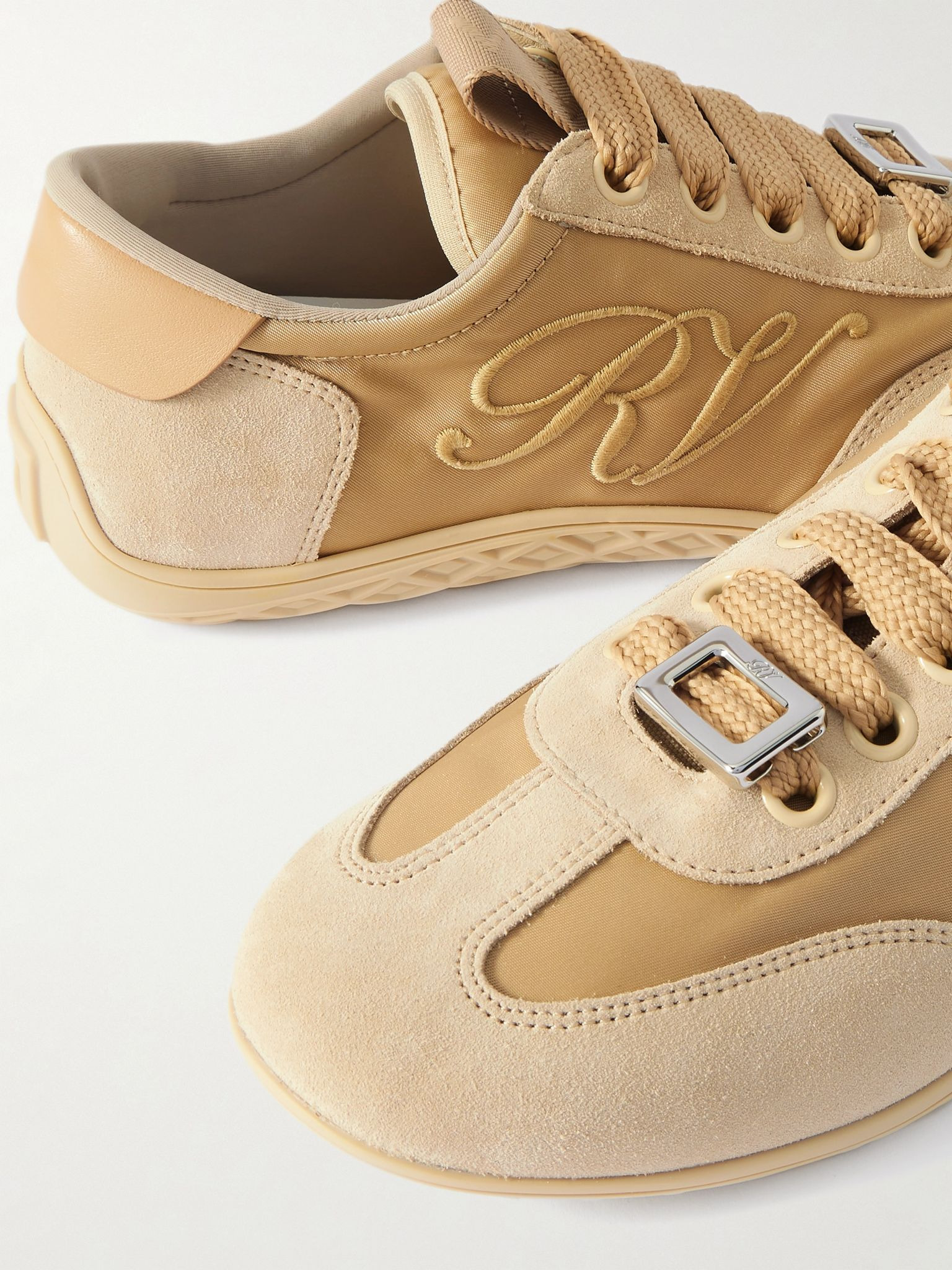 Leather-trimmed suede and embroidered canvas sneakers Beige - 4