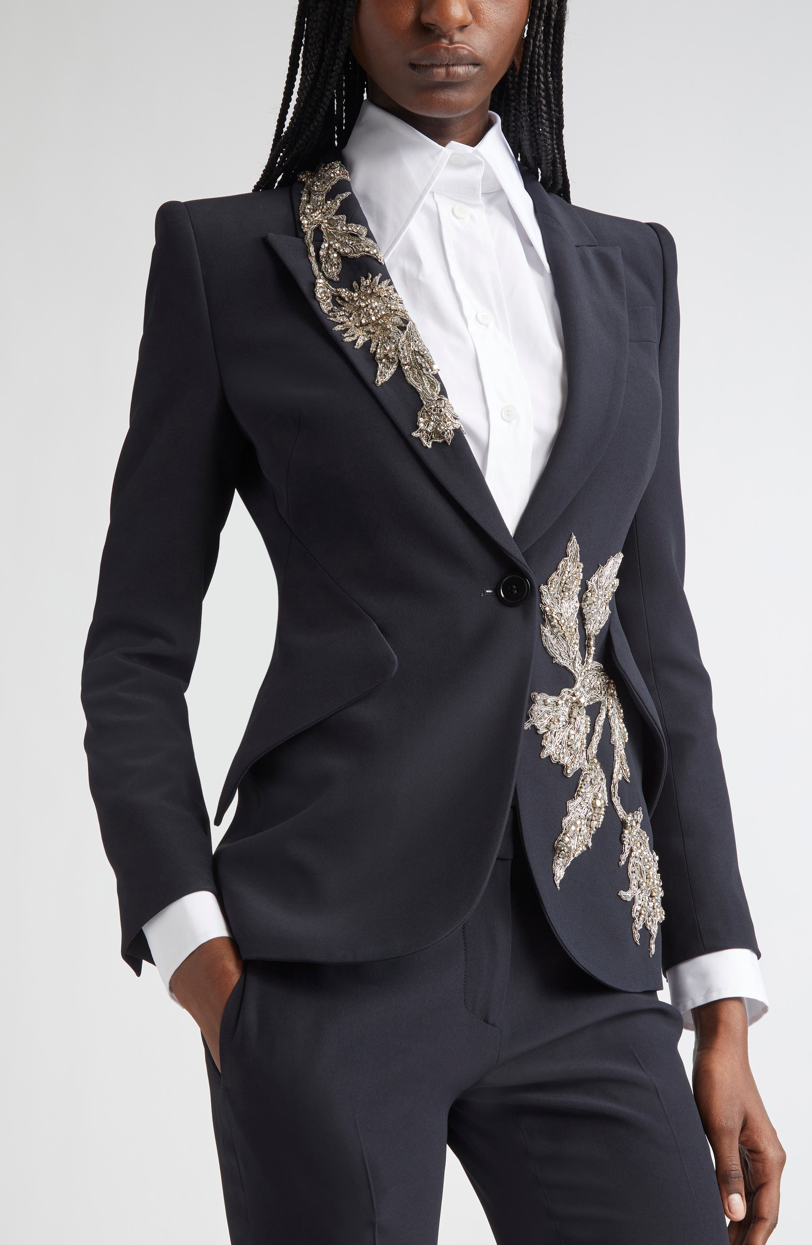 McQueen Banshee Embroidery Leaf Crepe Blazer in Black at Nordstrom - 5