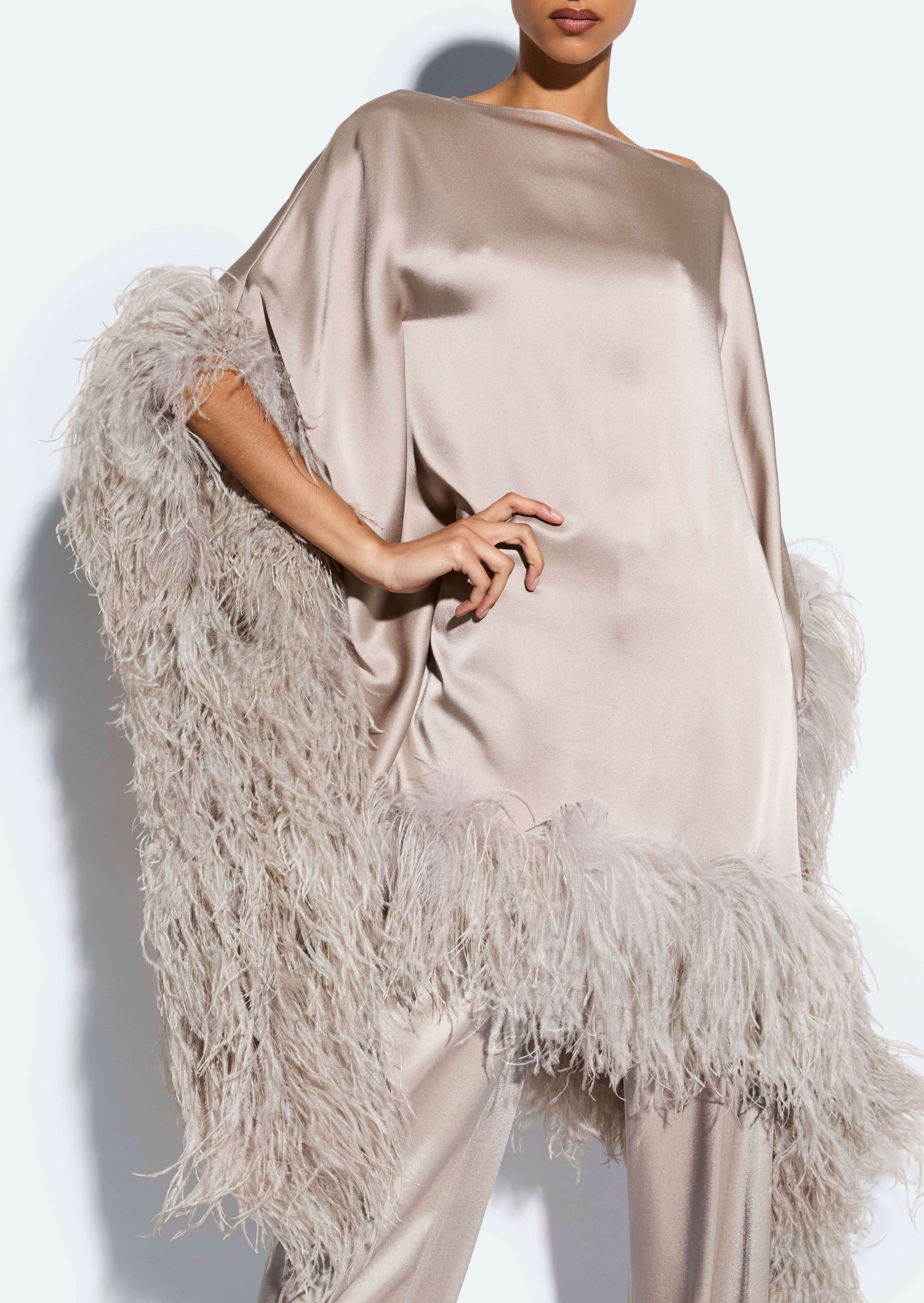 Satin Cape Dress With Feathers - 4