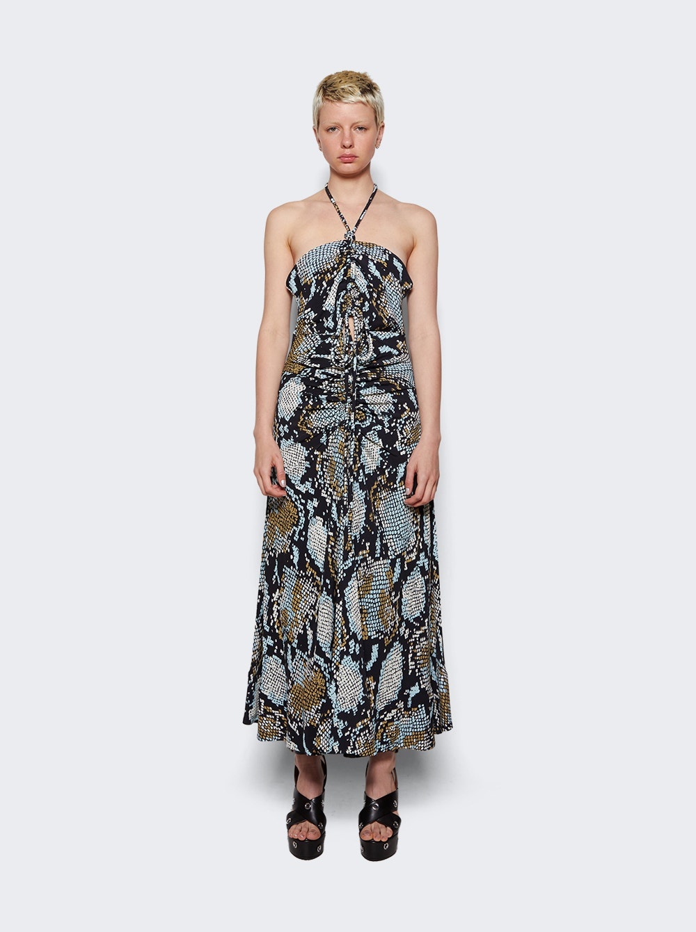 Printed Snake Crepe De Chine Halter Dress Black Multicolor - 3