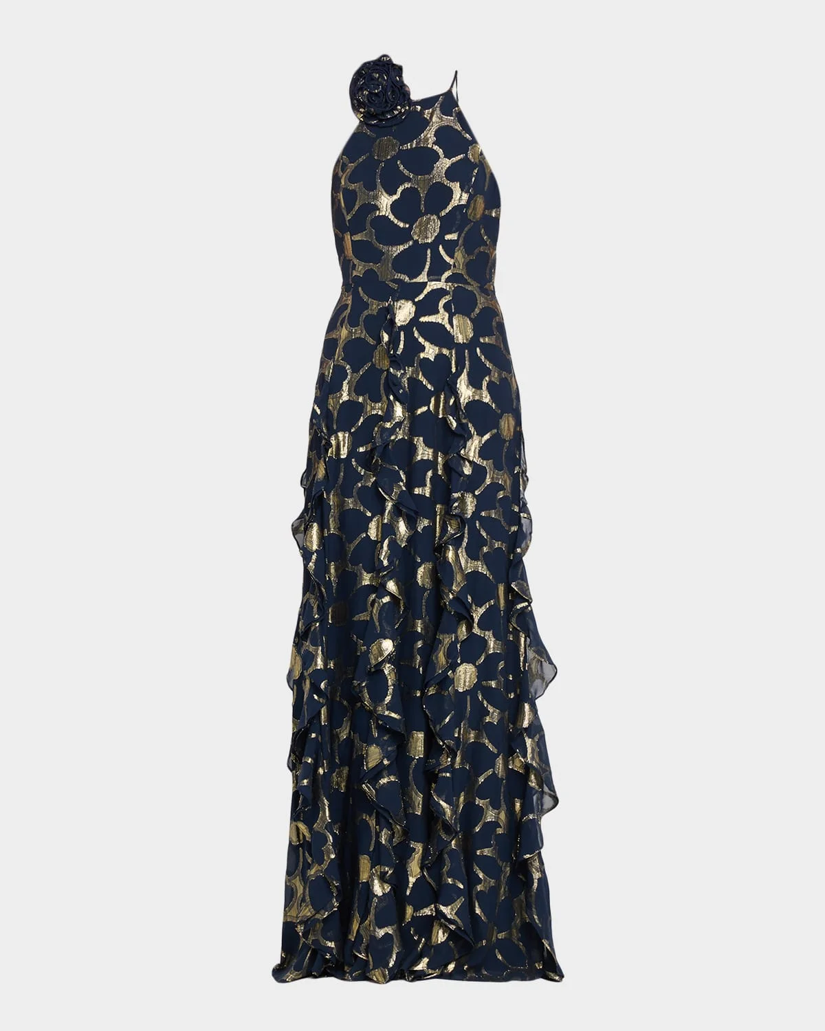 Idella Ruffle-Trim Metallic Floral Halter Gown - 1