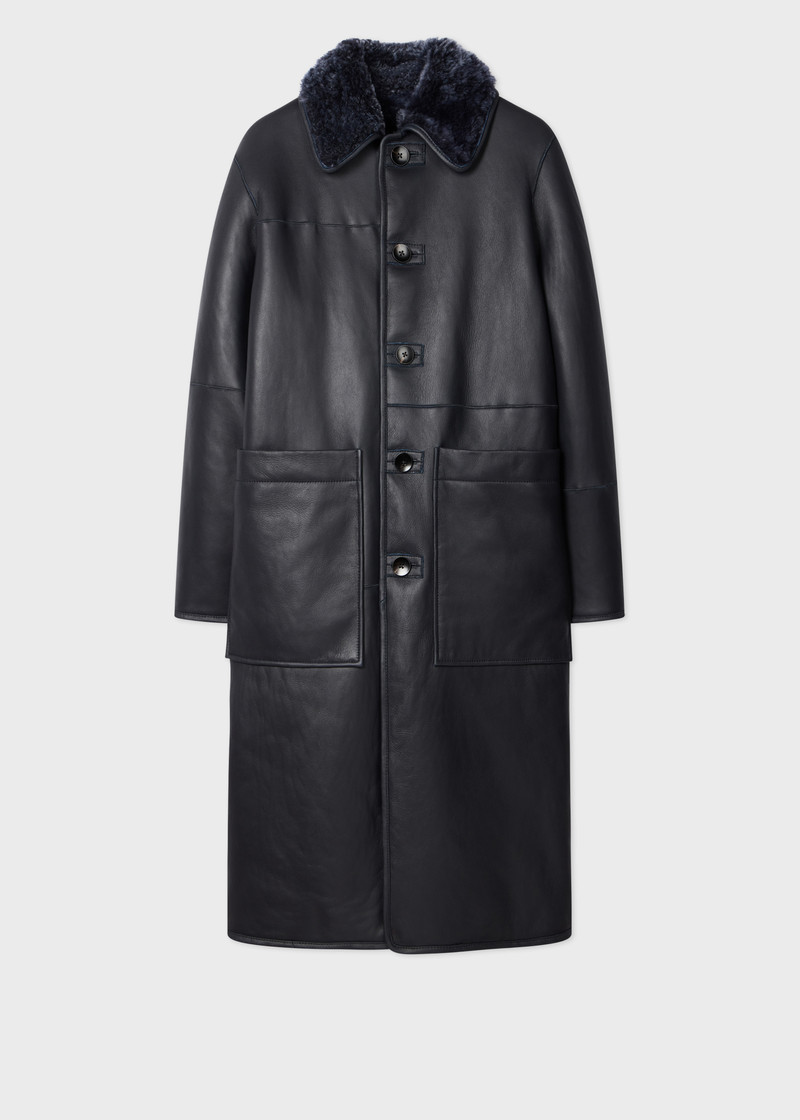 Women's Navy Reversible Leather and Shearling Coat 1