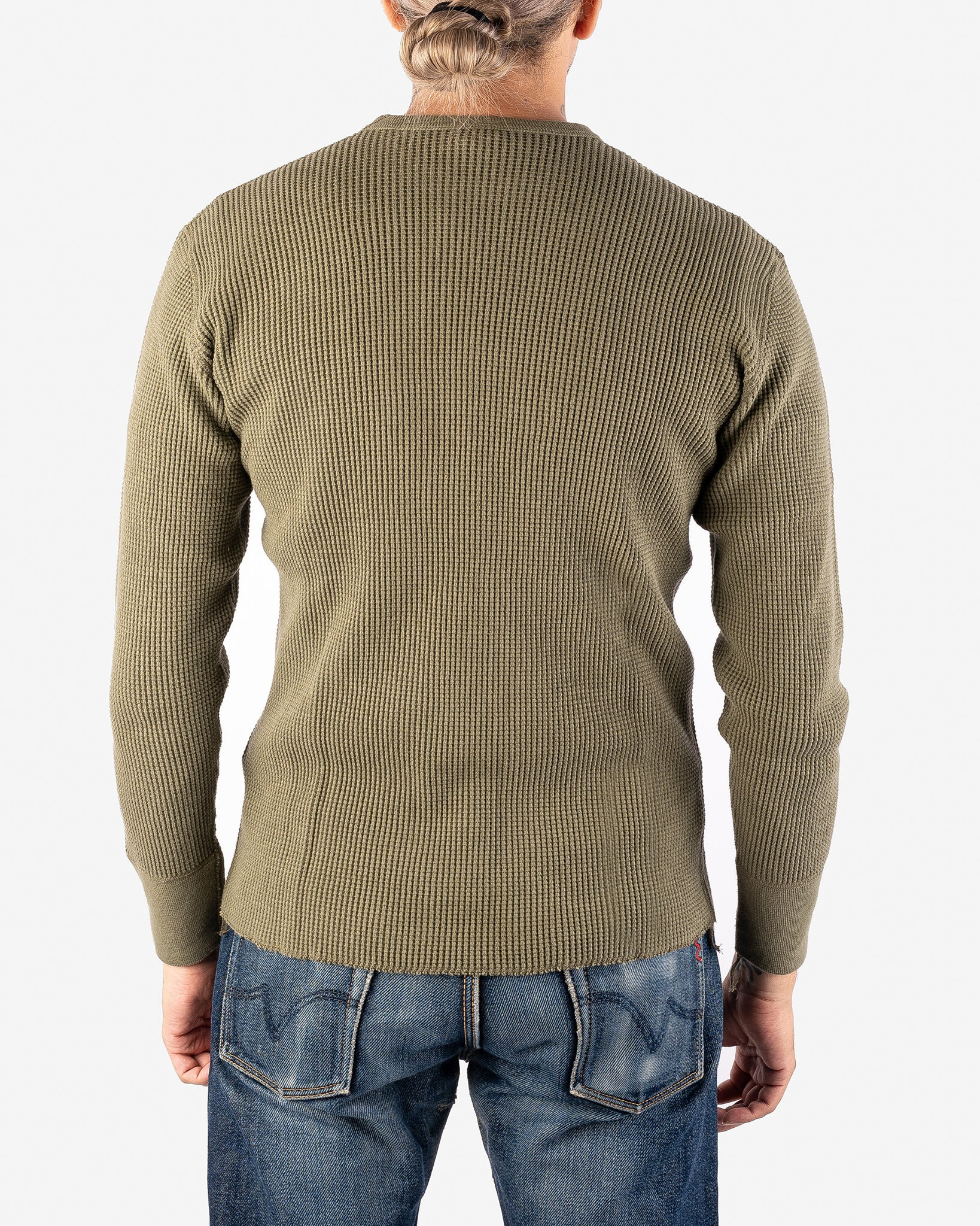 IHTL-1301-OLV Waffle Knit Long Sleeved Crew Neck Thermal Top - Olive - 3