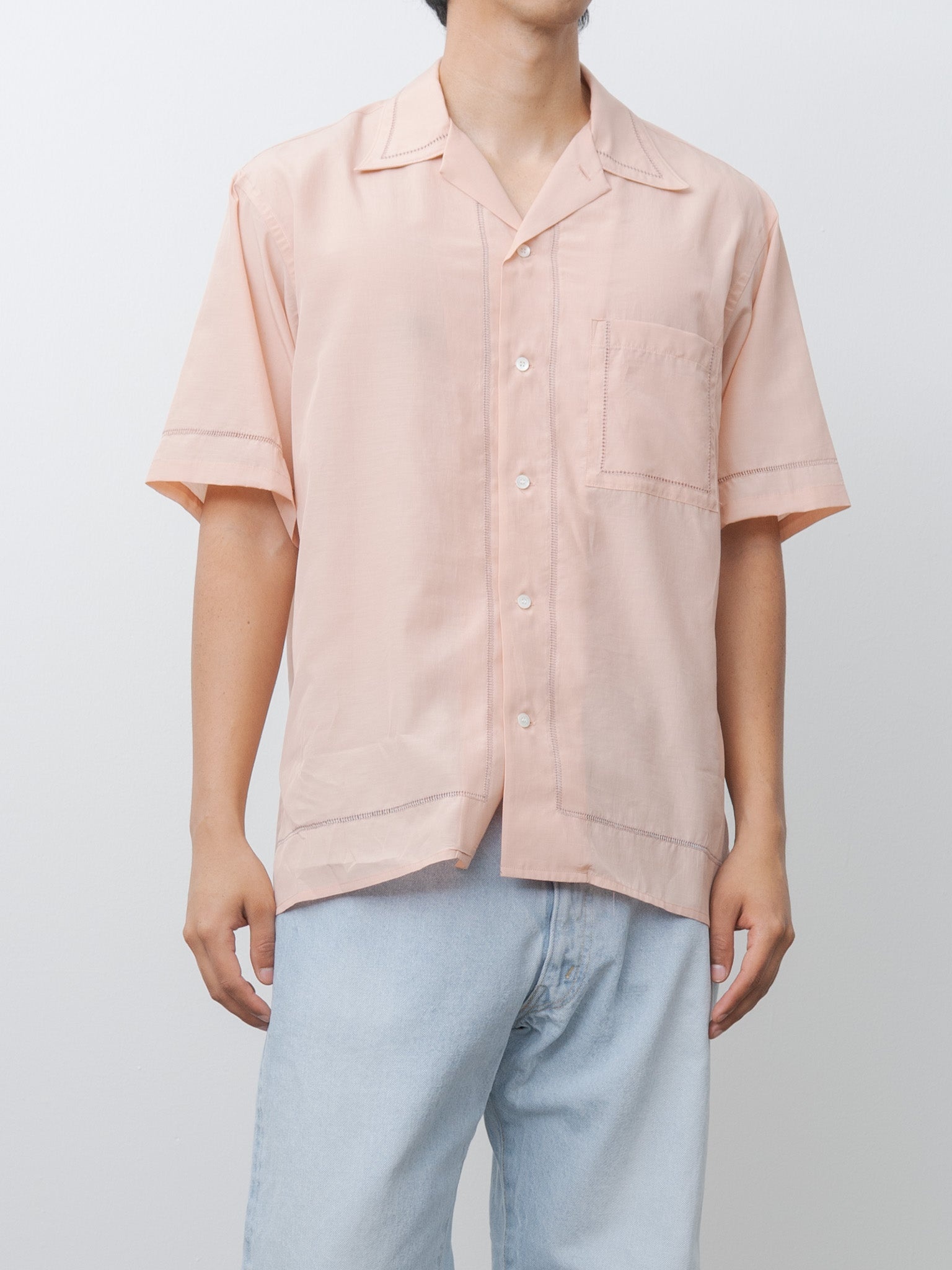 Embroidery Open Collar Shirt - Pink - 2