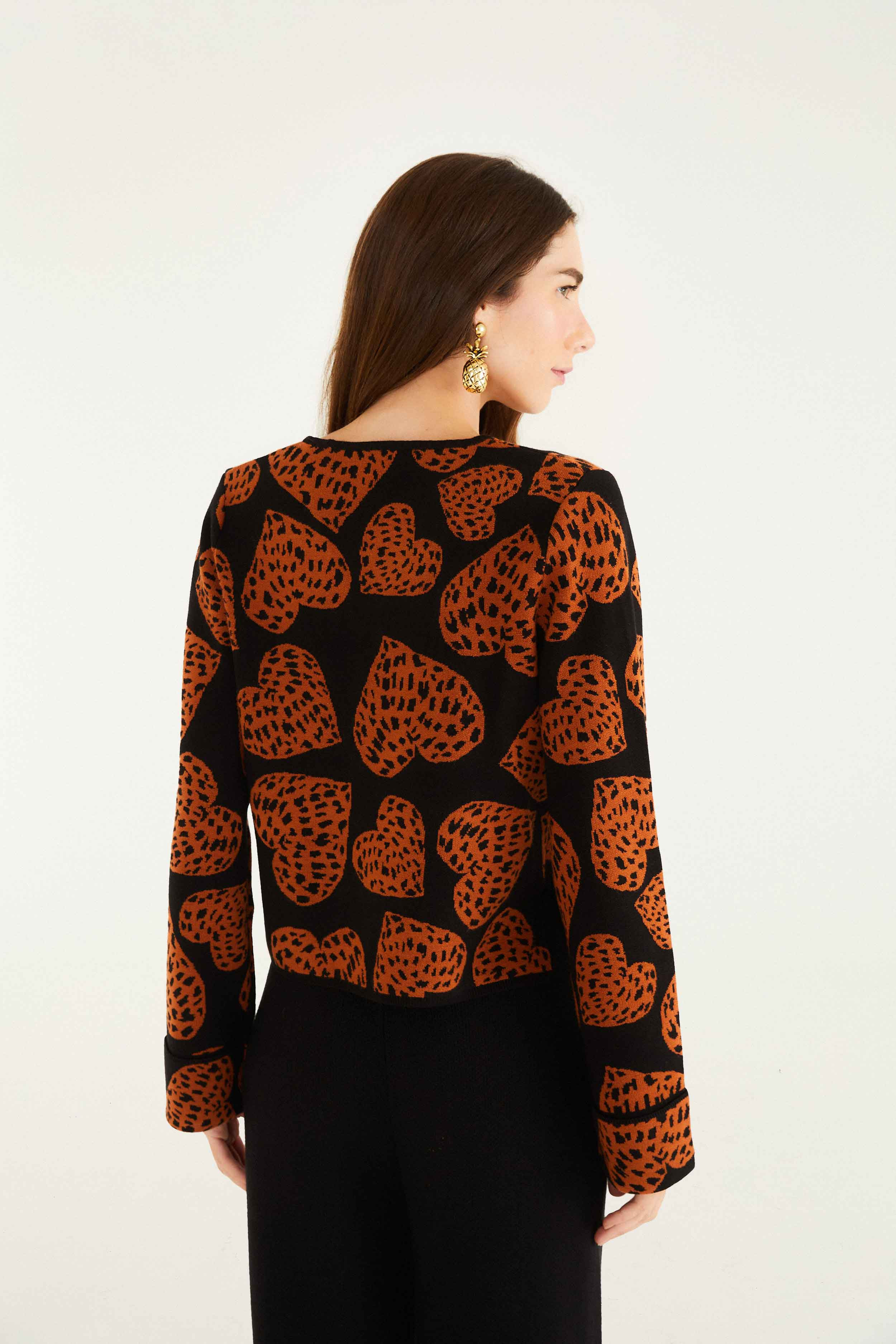 Black Leopard Hearts Front Ties Knit Cardigan - 3