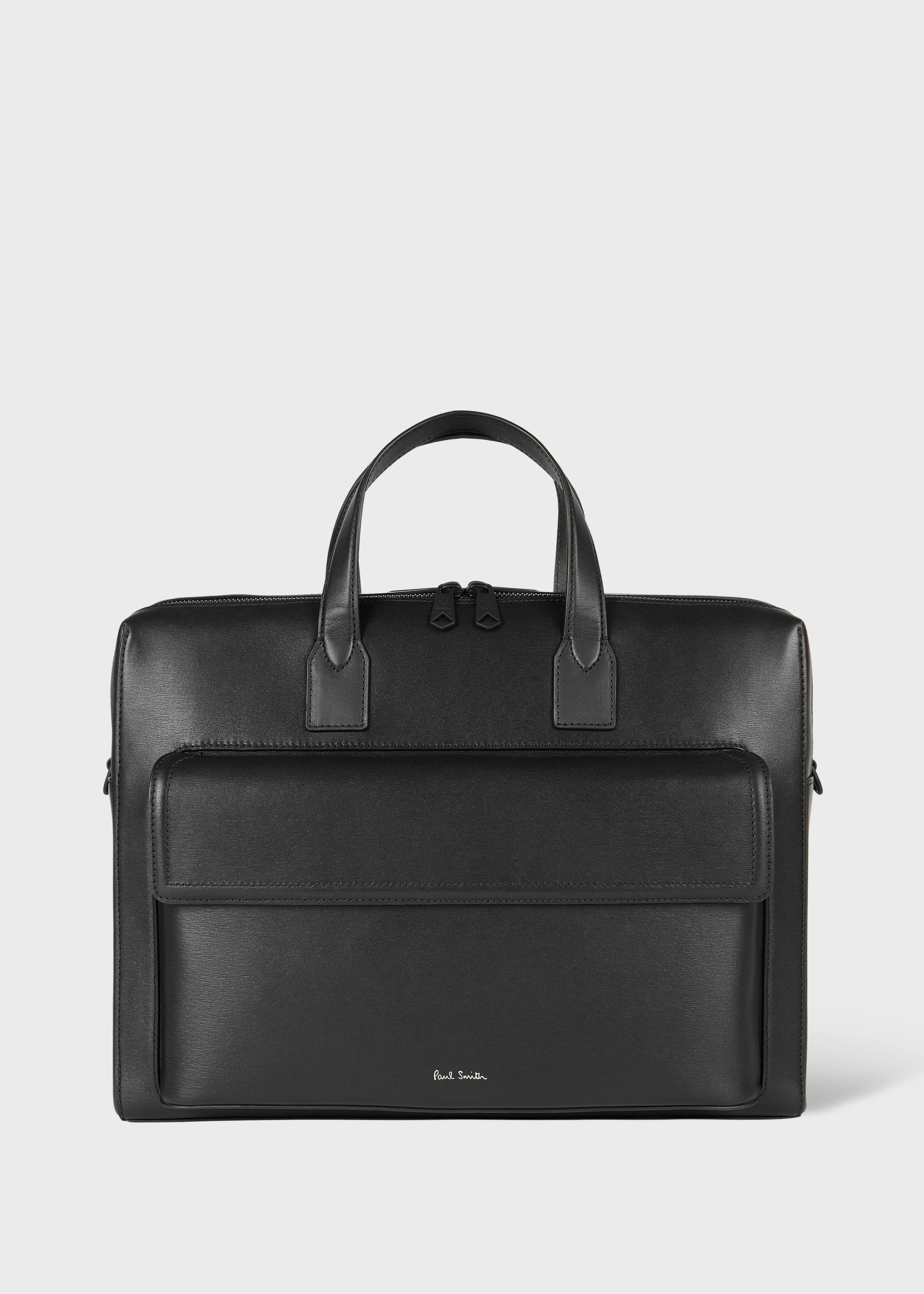 Black Straw-Grain Embossed Leather Double Zip Folio - 1