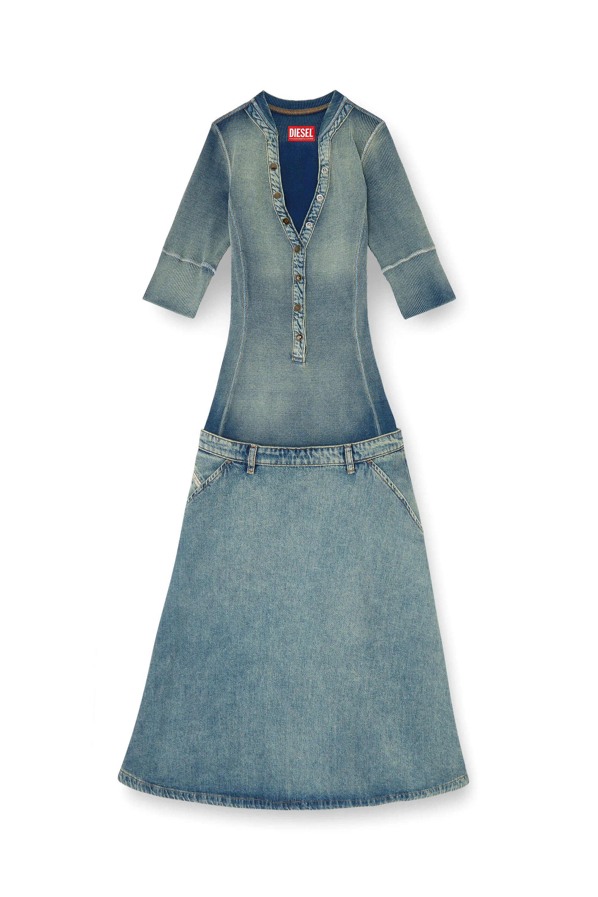 DROP-WAIST MIDI DRESS IN KNIT AND DENIM - 1