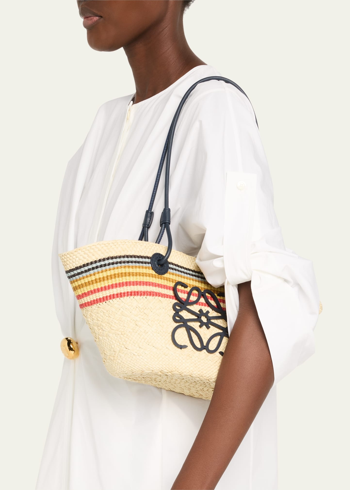 Small Anagram Striped Basket Tote Bag in Raffia - 6