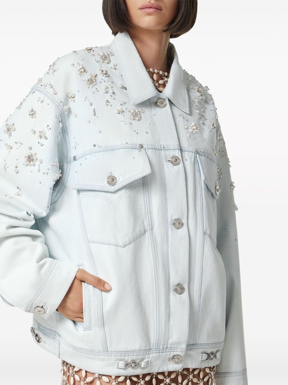 pearl-embellished denim jacket - 5