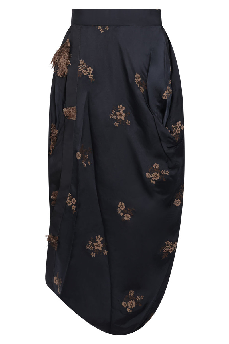 GINK FLORAL EMBROID ASYMMETRIC MIDI SKIRT | BLACK/TAN 1