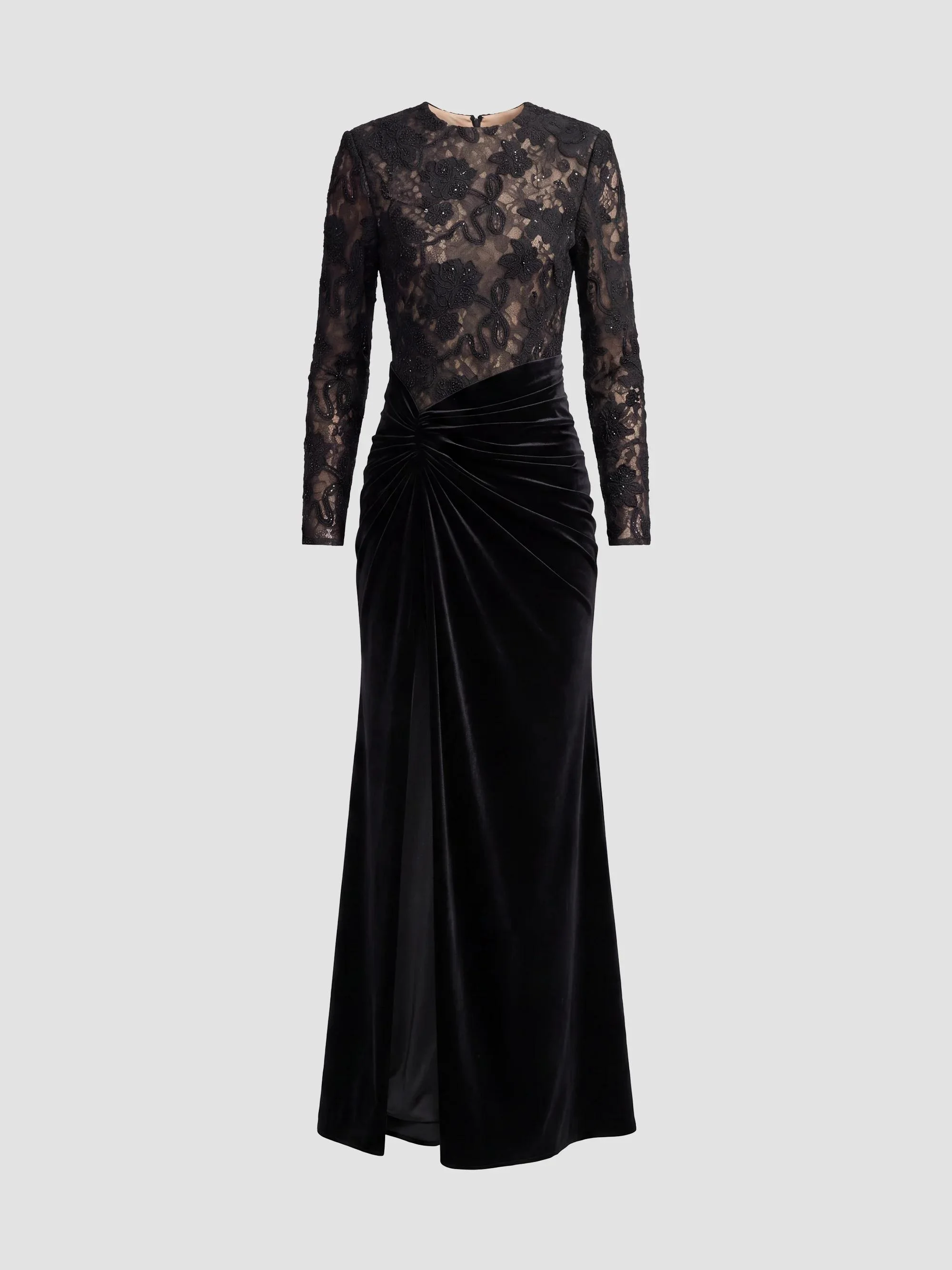 Women's Lace-Velvet Column Gown - Black Beige - 1