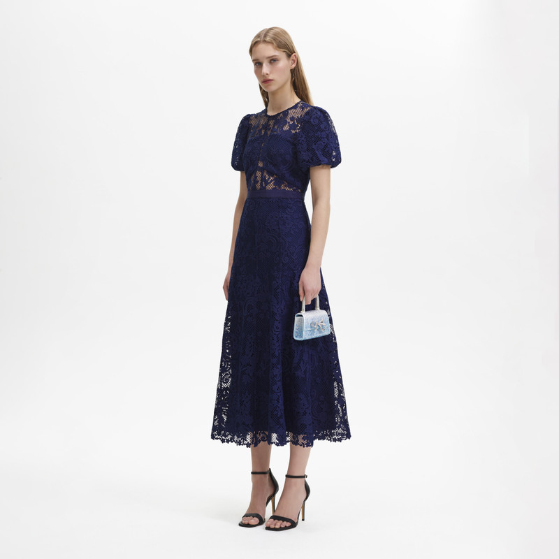 self-portrait Navy Lace Puff Sleeve Midi Dress - AW23-099MB-BL | REVERSIBLE