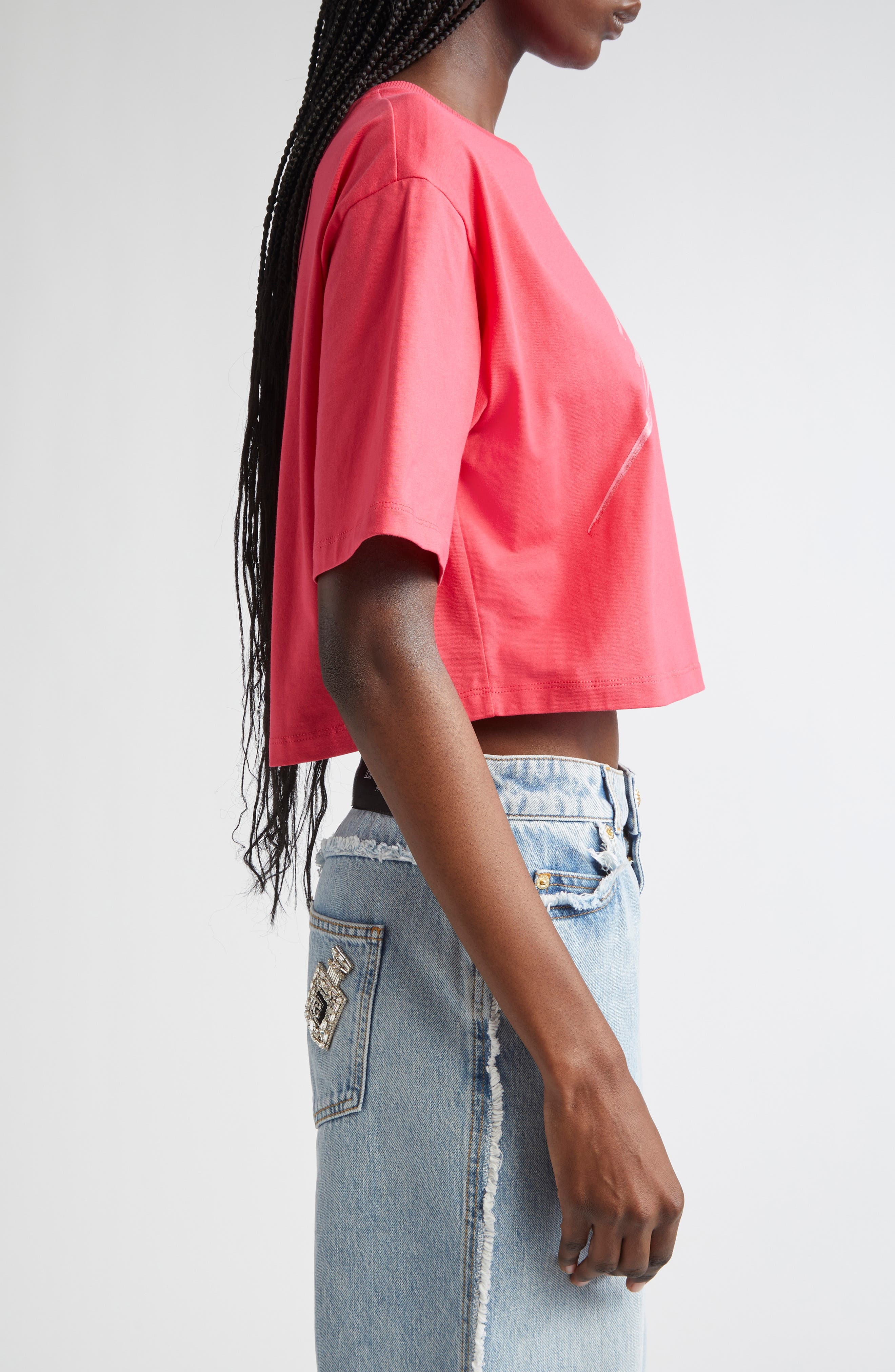 Balmain Baseball Logo Crop Graphic T-Shirt in Fuschia/Multi at Nordstrom - 4