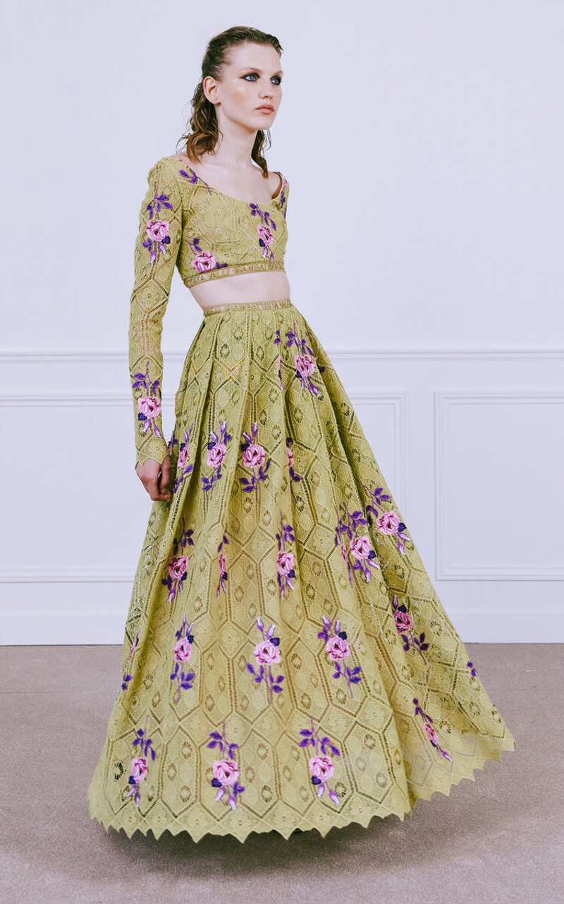 GIAMBATTISTA VALLI Embroidered Macrame Crop Top green outlook