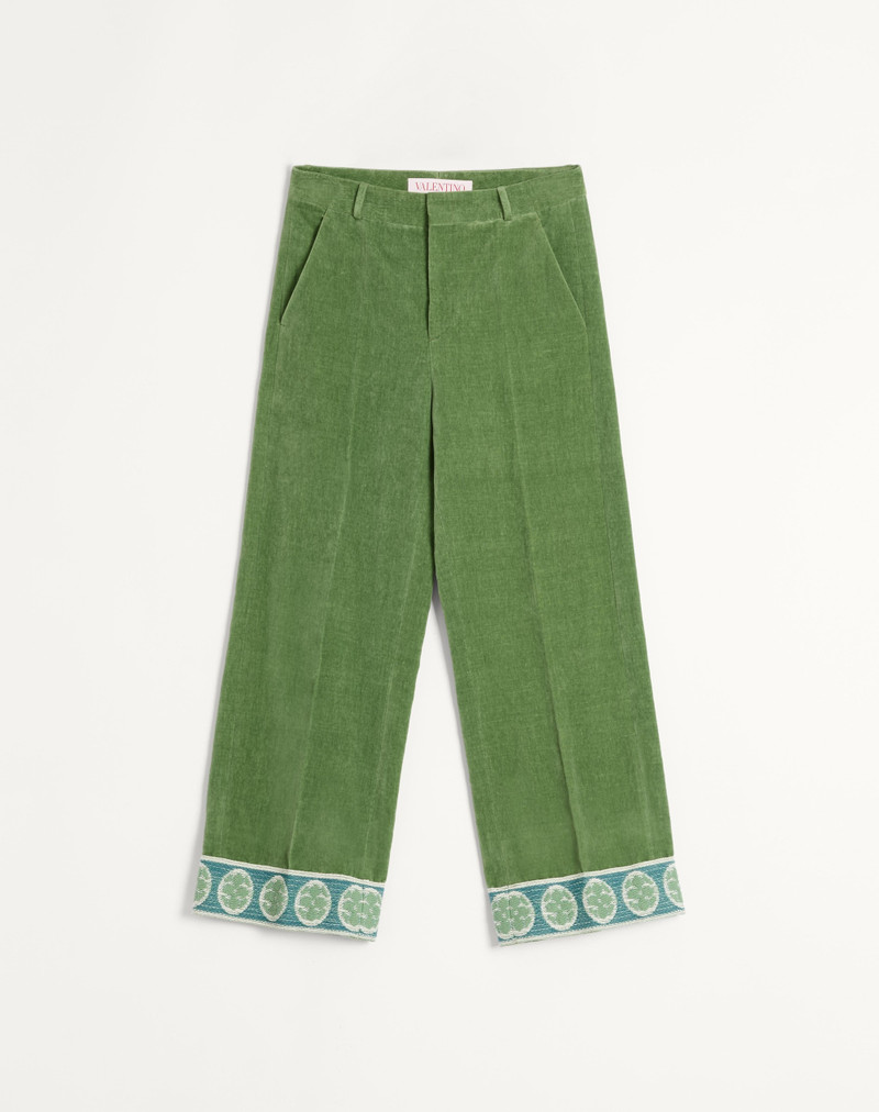 WASHED COTTON-LINEN VELVET PANTS WITH JACQUARD HEMS - 1