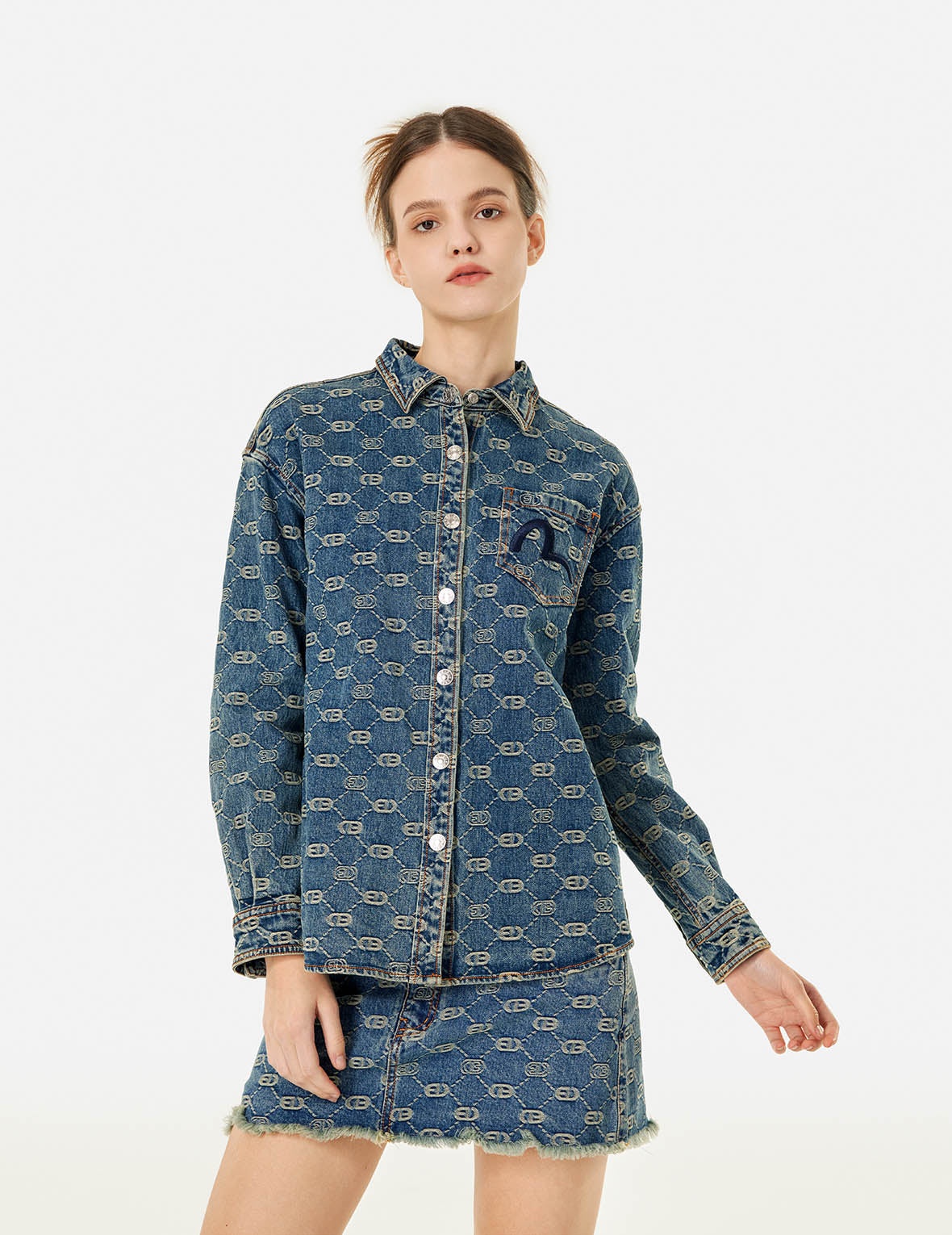 Allover Logo Jacquard and Seagull Embroidery Boyfriend Fit Denim Shirt Jacket - 5