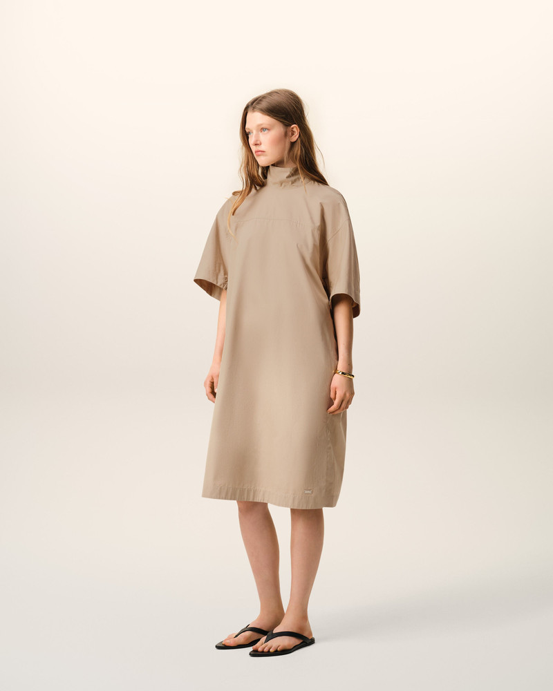 BEIGE COTTON STAND UP COLLAR BUTTONED DRESS 6