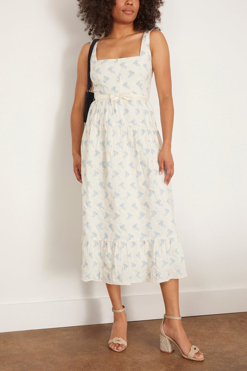 markarian Pansy Tiered Midi Dress with Bow Belt in Ivory and Blue Floral outlook