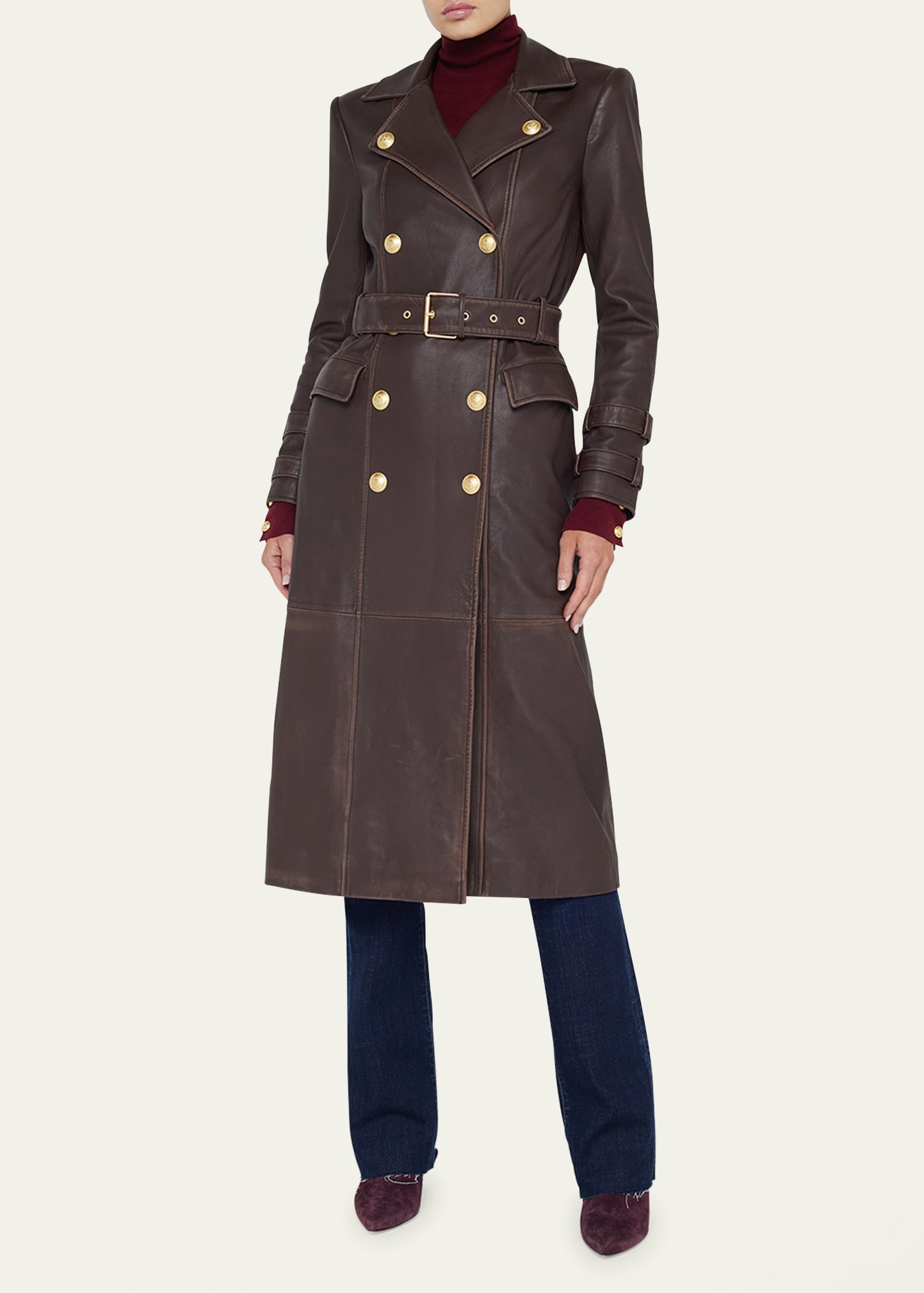 Celina Double-Breasted Leather Trench Coat - 2