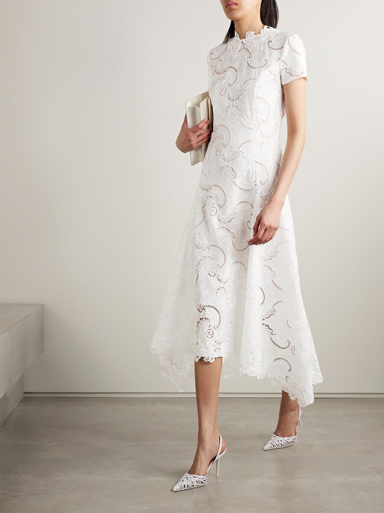 Scroll asymmetric guipure lace midi dress White - 2