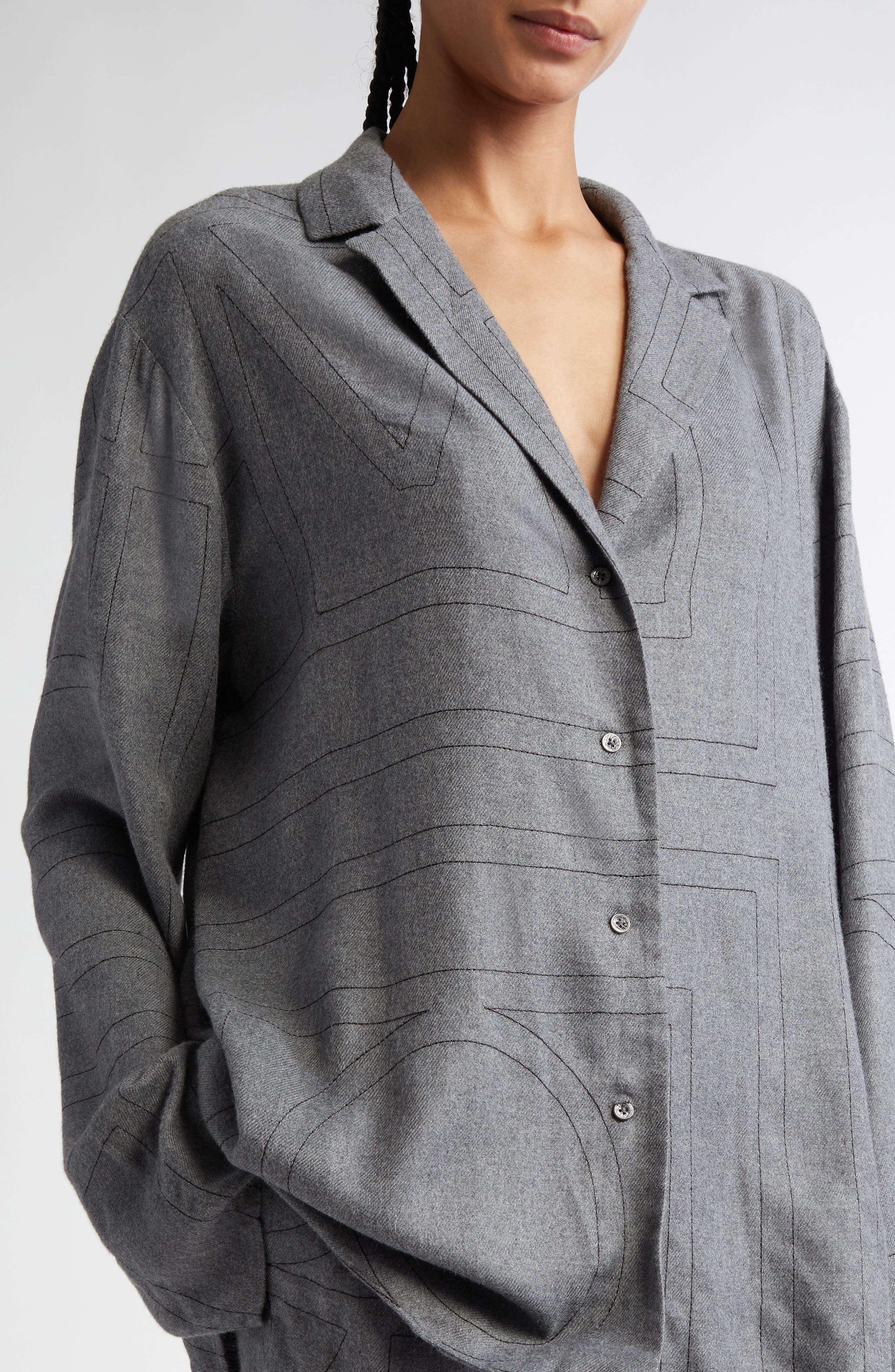 TOTEME Monogram Embroidered Flannel Pajama Top in Smoke Melange at Nordstrom - 5