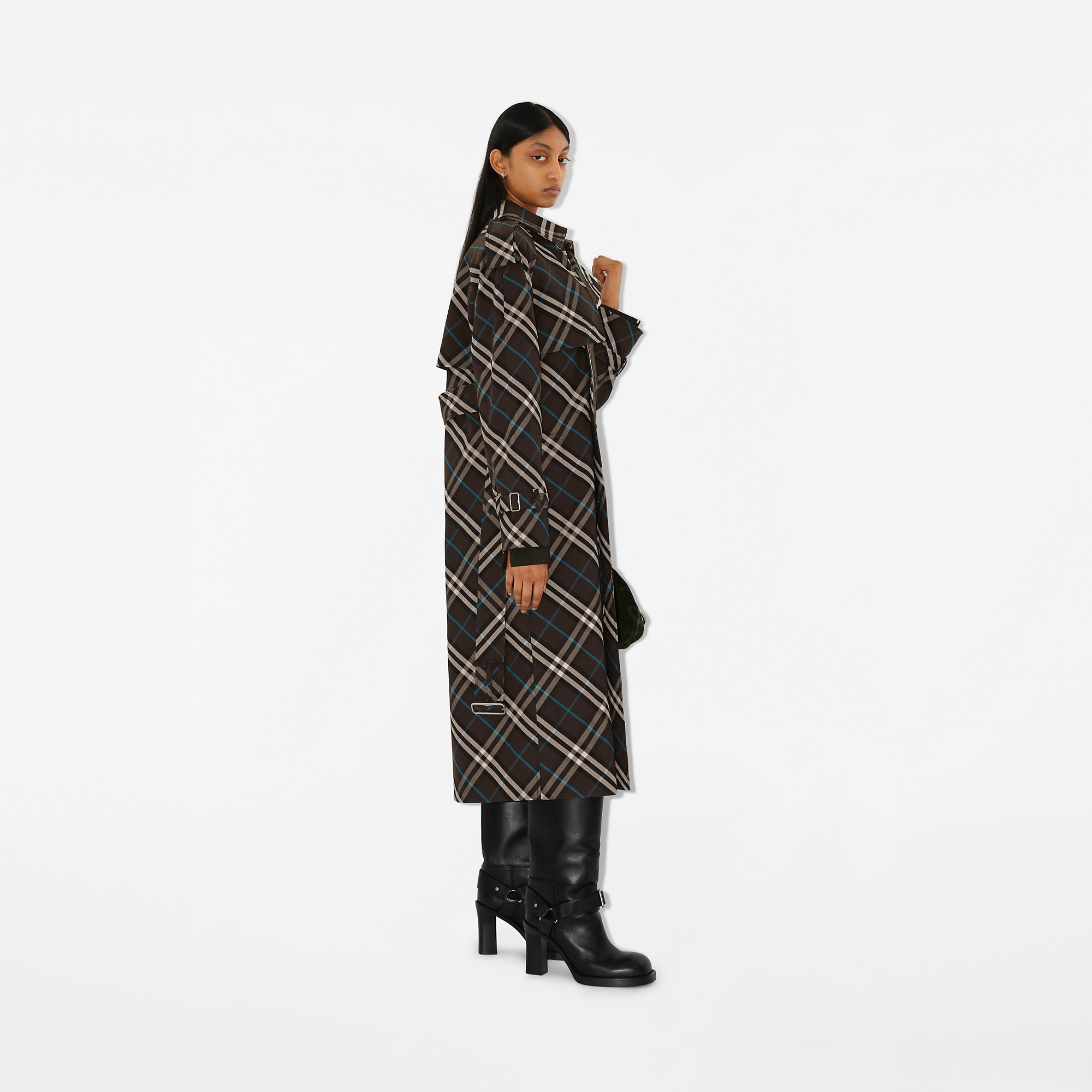 Long Check Cotton Blend Trench Coat - 3