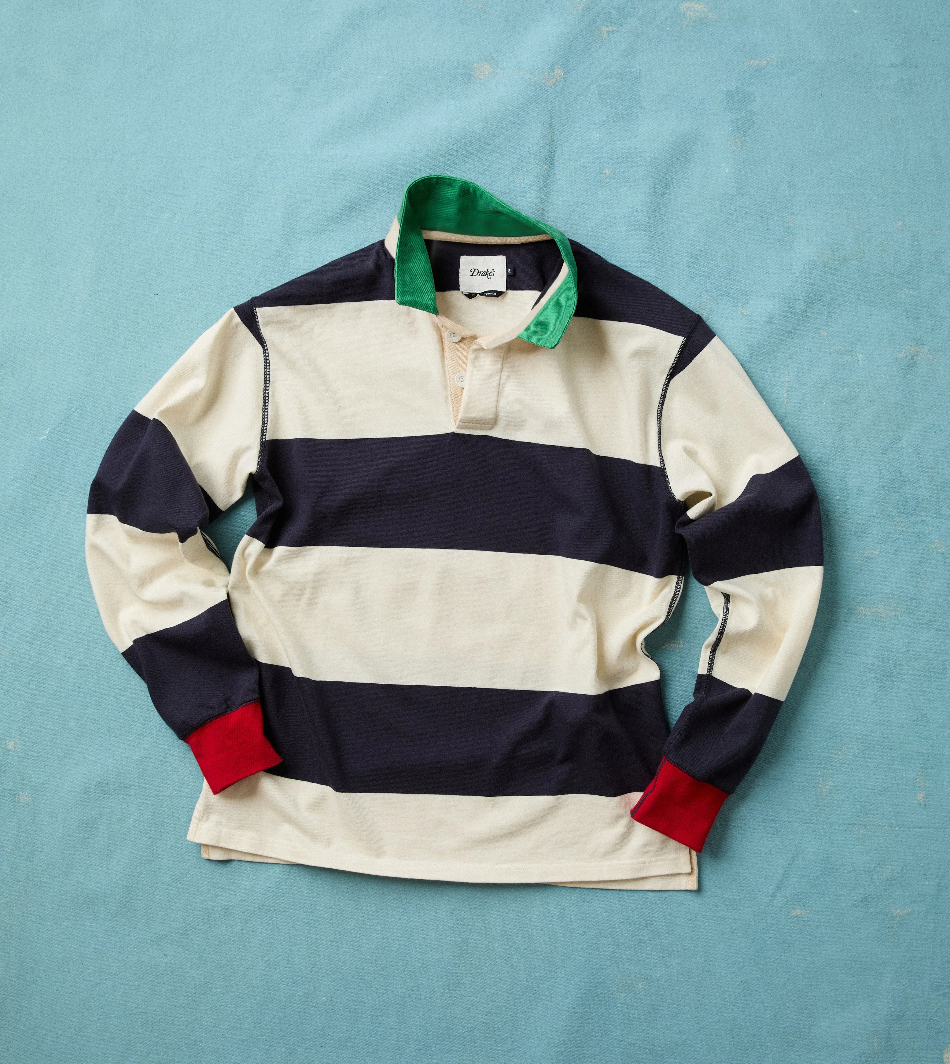 White and Navy Block Stripe Cotton Rugby Shirt - 1