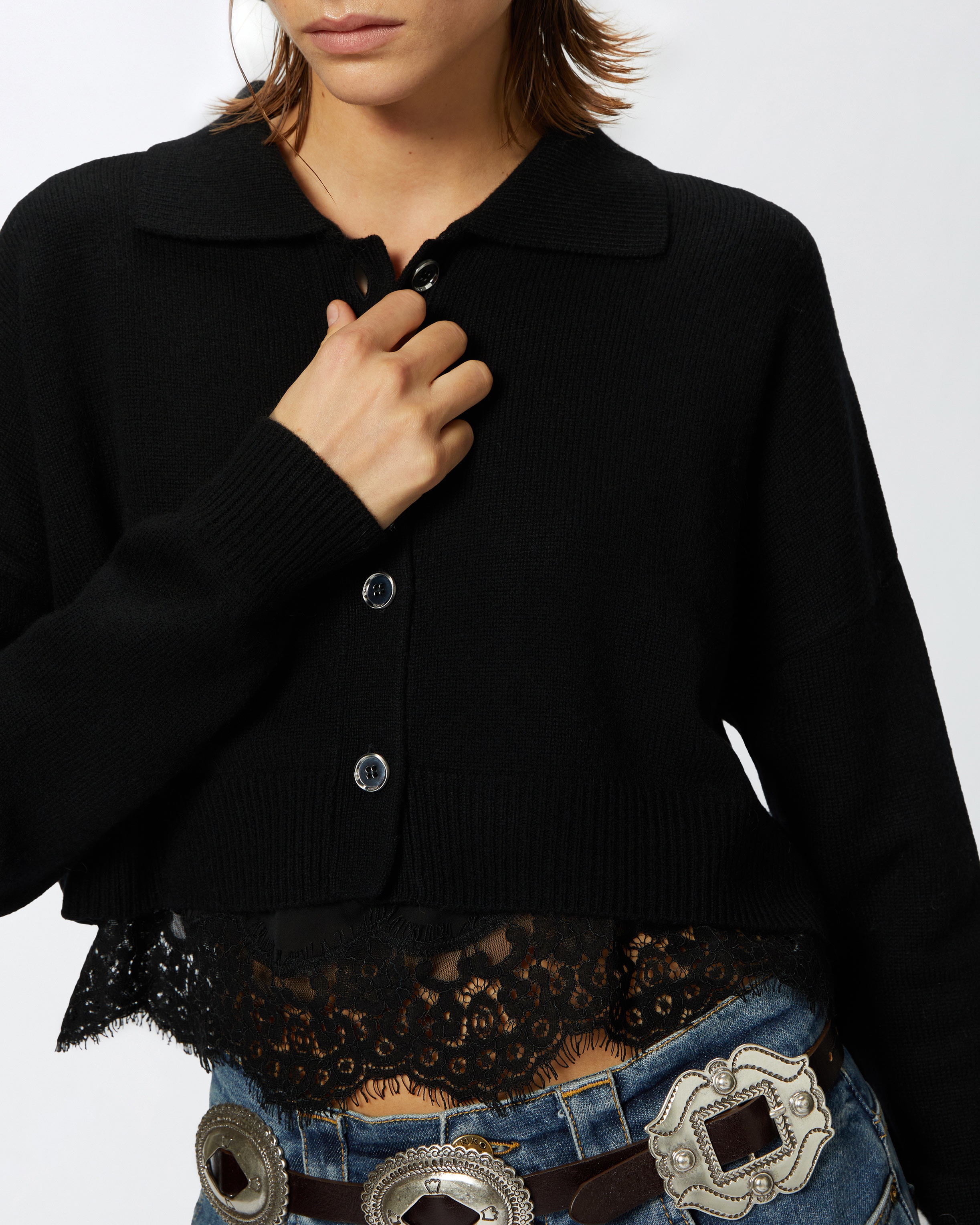 CASHMERE-BLEND CARDIGAN WITH SATIN AND LACE TOP - 5