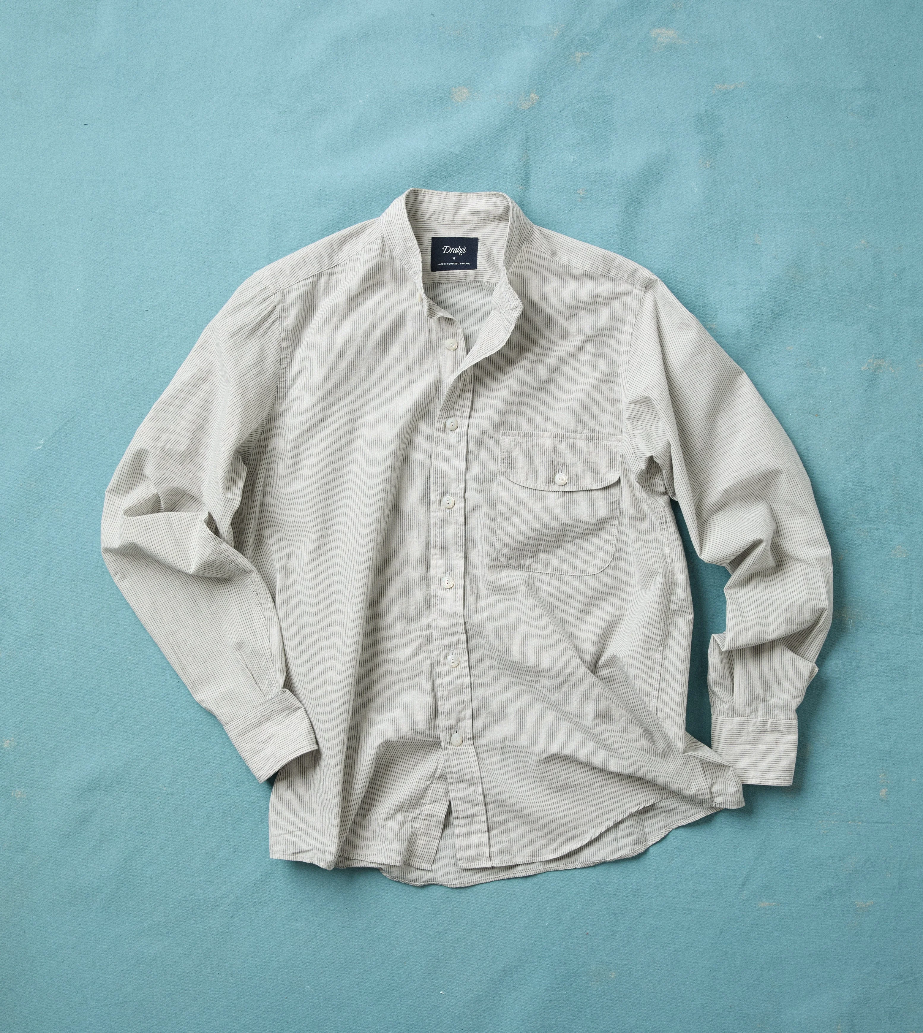 White and Navy Stripe Cotton Mandarin Collar Shirt - 1