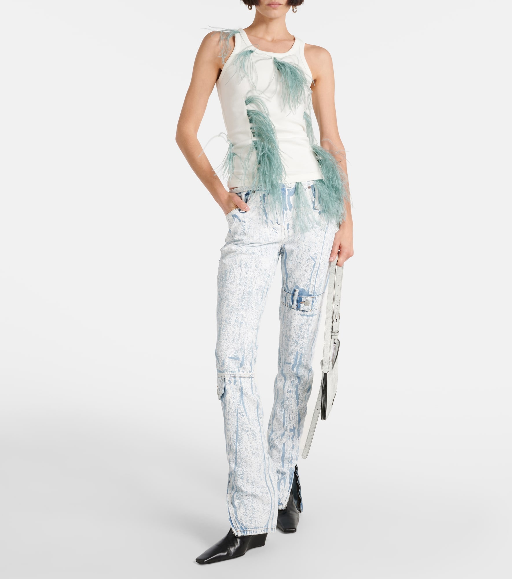 Feather-trimmed cotton-blend tank top - 2