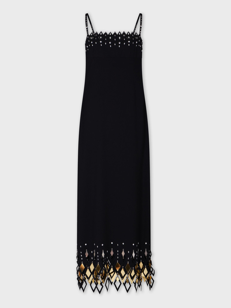 BLACK CREPE LONG DRESS WITH DIAMOND-SHAPED ASSEMBLY 1