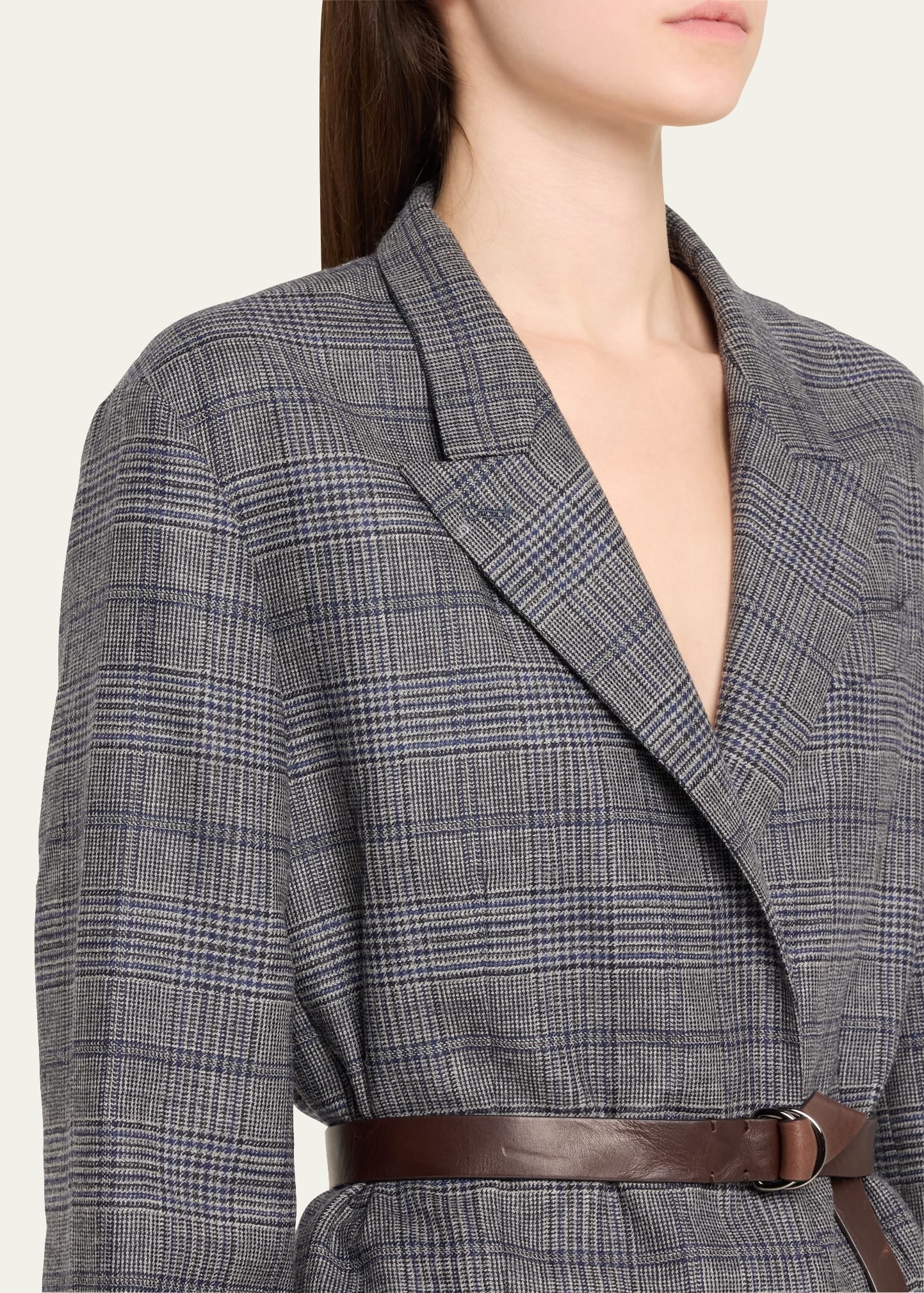 Belted Wool Prince Of Wales Single-Breasted Blazer Jacket - 5