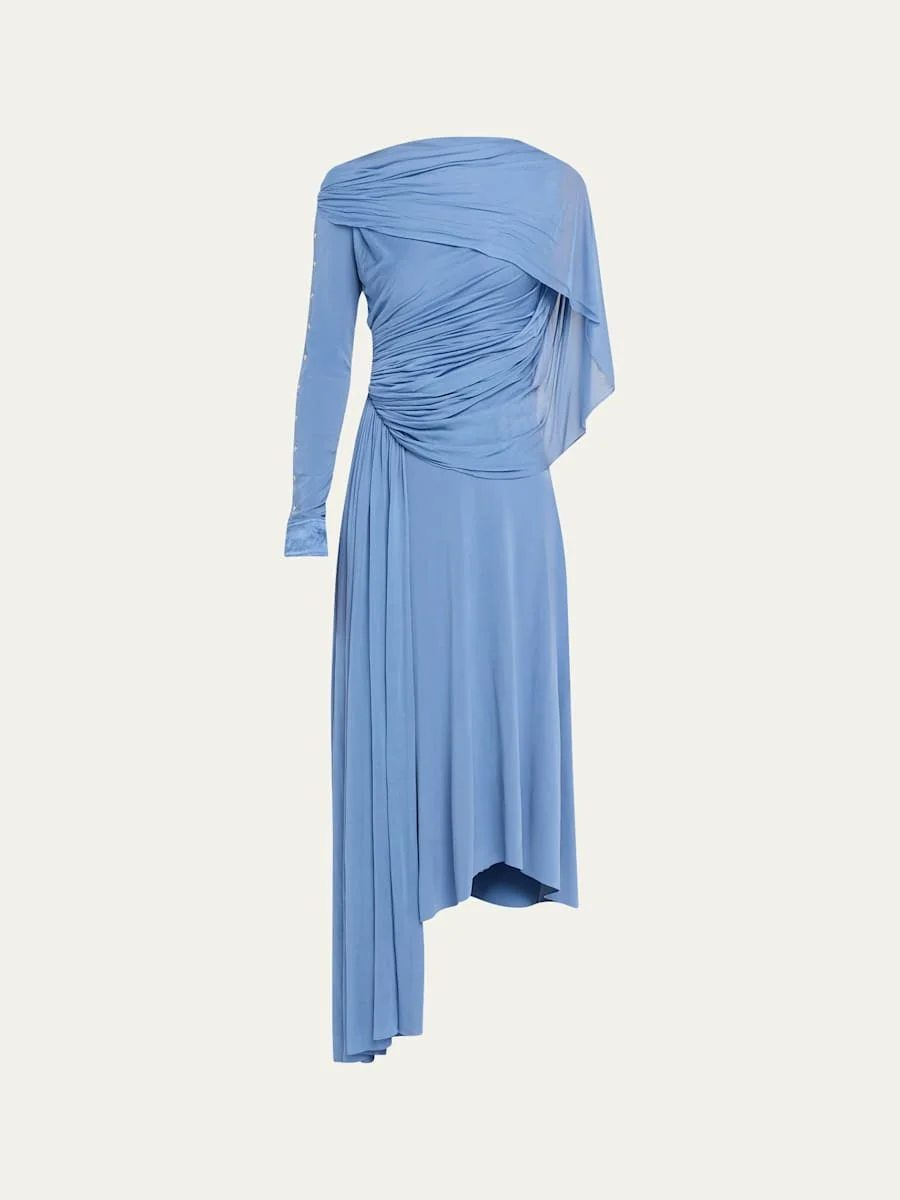 Asymmetric Draped Jersey Button-Sleeve Midi Dress - 1