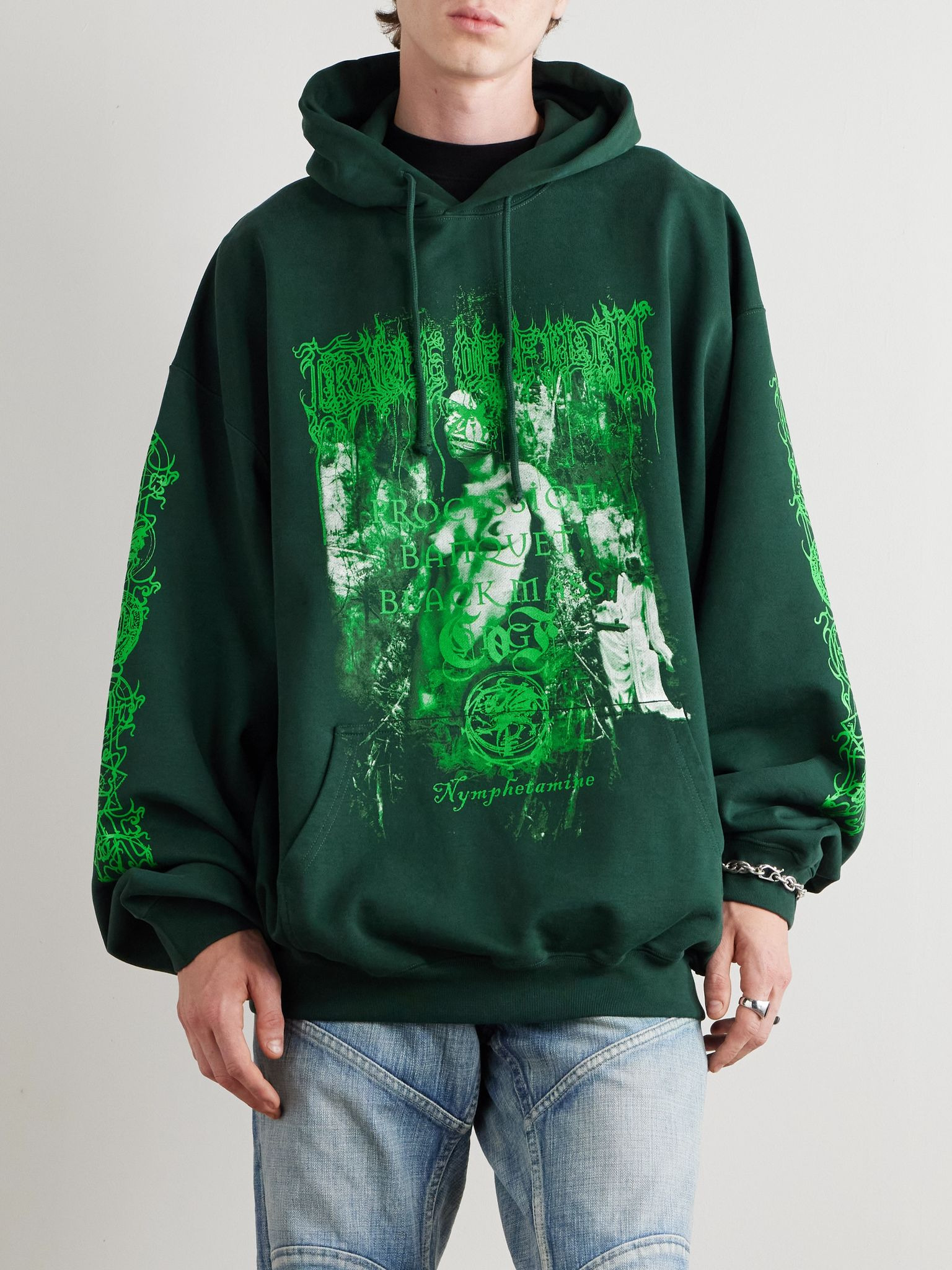 Oversized Printed Cotton-Jersey Hoodie Green - 3